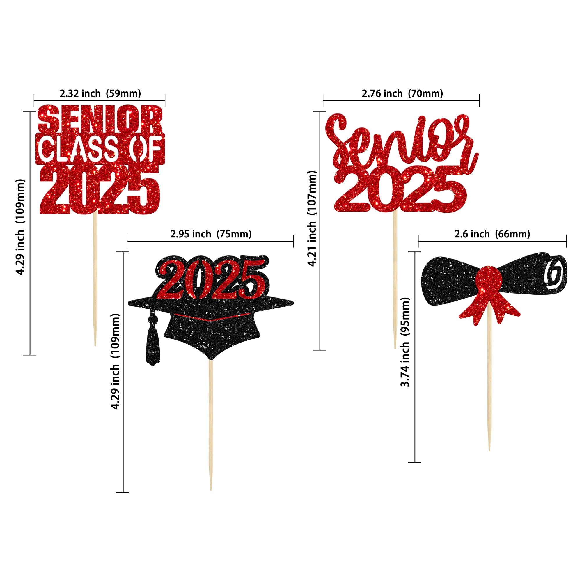 24 Pack 2025 Graduation Cupcake Toppers - Red Glitter Class of 2025 Senior Graduation Cap & Diploma Cake Decorations for Graduation Party, Birthday, School Celebration (24 Count)