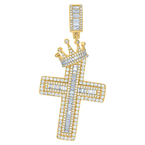 925 Sterling Silver Yellow Tone Men's Round & Baguette CZ Cubic Zirconia Simulated Diamond Crown Cross Pendant Necklace - Religious Jewelry Gift for Him - Perfect for Church, Weddings, Baptisms & Everyday Wear