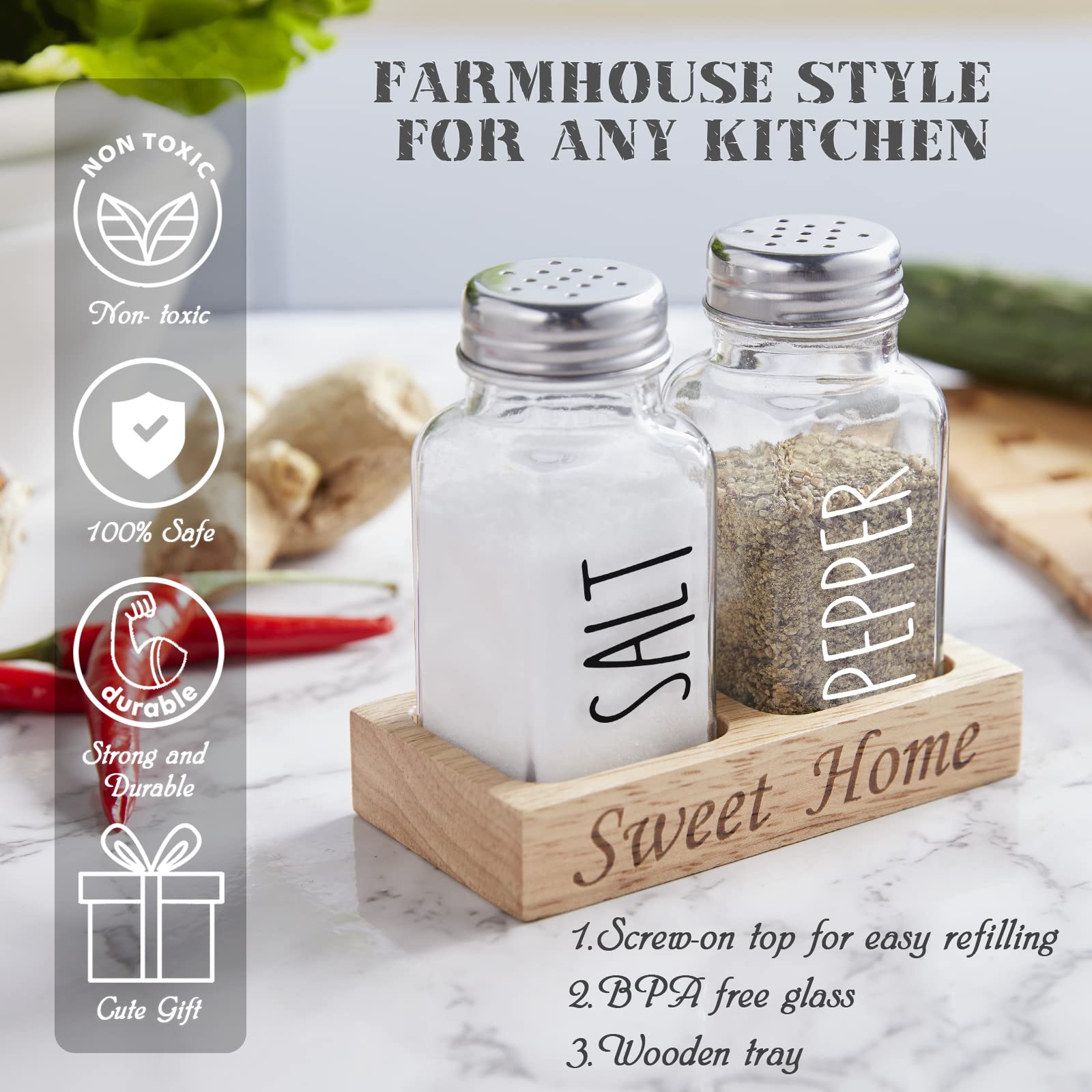 Dopeca Clear Glass Salt and Pepper Shakers Set with Wooden Holder - 2.7 oz Refillable Kitchen Seasoning Dispenser for Countertop or Dining Table - Perfect Wedding Gift & Home Decor Accessory - Ideal for Everyday Cooking, Entertaining, and Restaurant Use