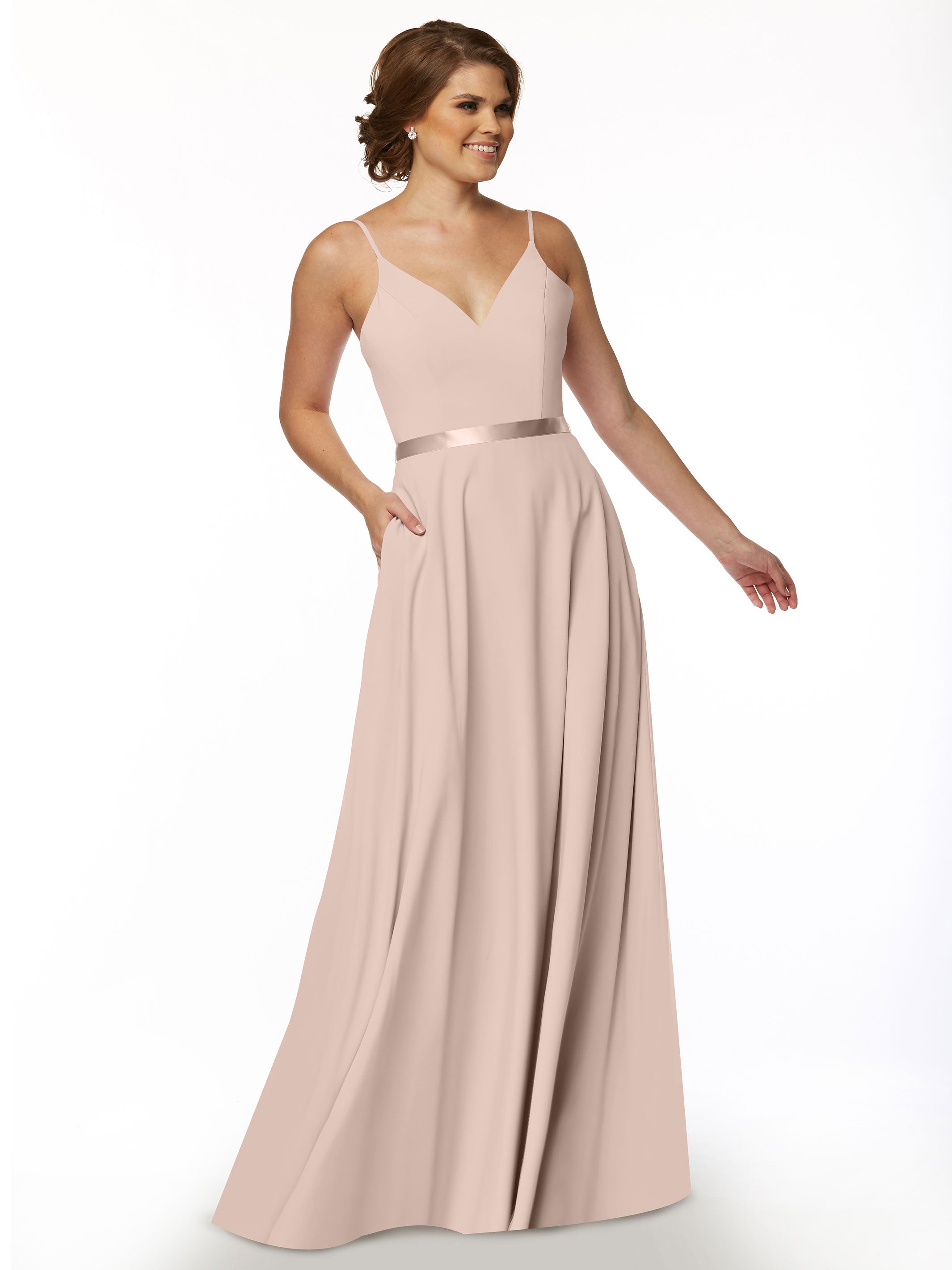 Elegant 80112 Spaghetti Strap Stretch Chiffon A-Line Bridesmaid Dress with Sash - Perfect for Weddings, Formal Events & Special Occasions