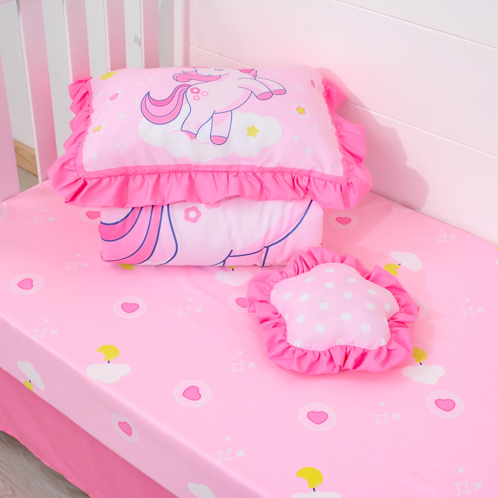 UOMNY 4-Piece Unicorn Crib Bedding Set for Baby Girls - Soft Comforter, Crib Sheet, Skirt & Pillowcase - Perfect for Nursery Decor & Newborn Gifts