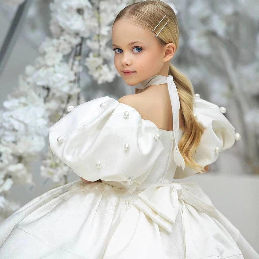 Elegant Scoop Neck Puff Skirt Flower Girl Dress for Weddings, Parties & Special Occasions - Floral Lace Tea-Length Formal Gown