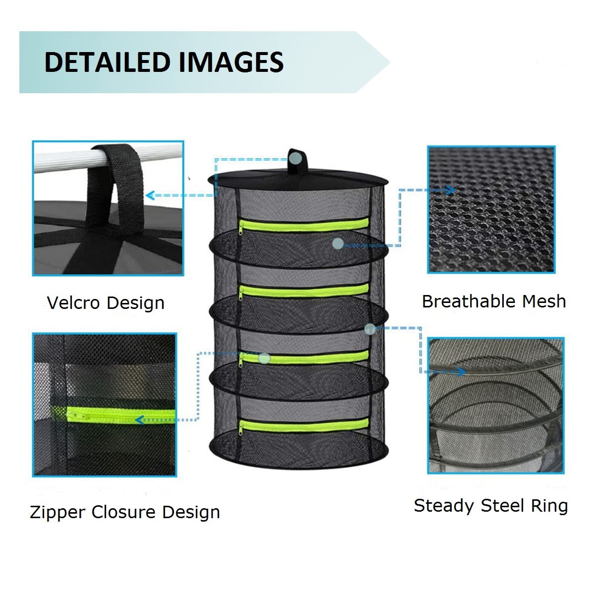 2FT Herb Drying Rack with Zippers - 4 Layer Collapsible Mesh Plant Dryer for Hydroponics | Hanging Herb Dry Net for Kitchen, Garden & Indoor Plant Care (Black)