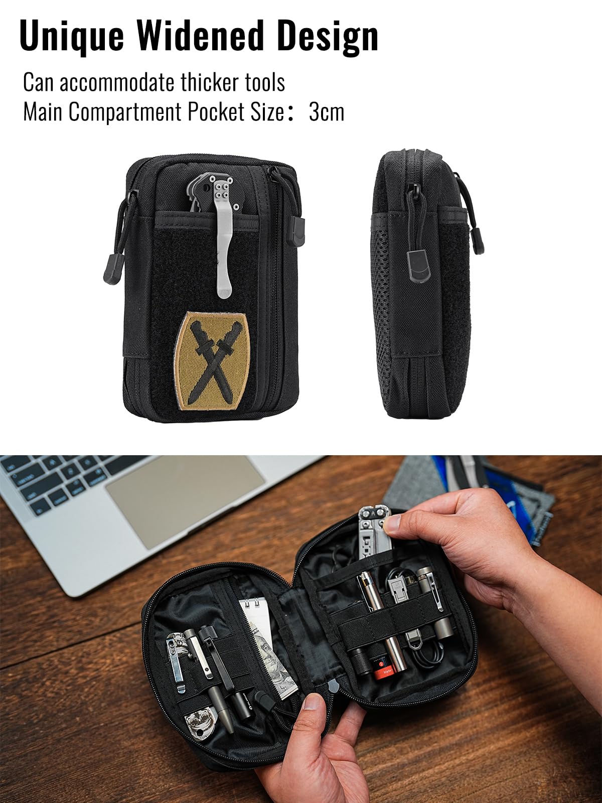 EDC Pouch Organizer - 6 Pocket Zippered Utility Pouch for Multitools & Gears with Patches Area | Compact Pocket Organizer for Everyday Carry (Black) | Perfect for Camping, Hiking & Outdoor Adventures