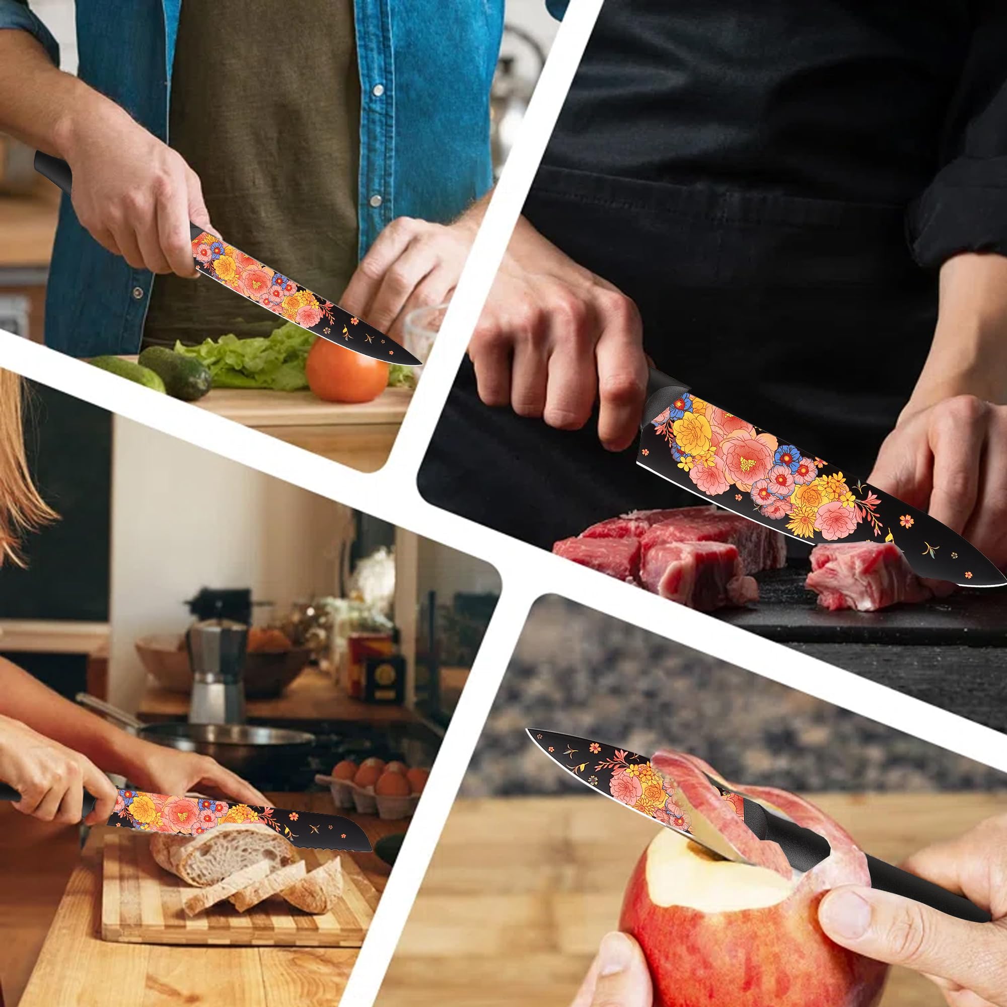 Marco Almond Knife Set - 6-Piece Stainless Steel Kitchen Knives with Blade Guards | Artistic Design, Dishwasher Safe | Perfect for Home Chefs & Professional Cooking | Ideal for Slicing, Dicing, and Food Prep