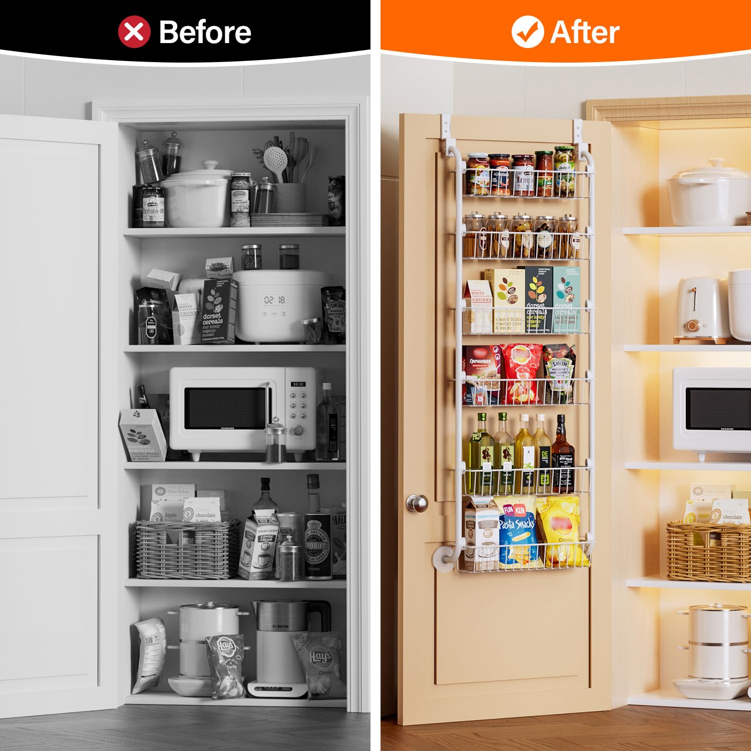 Delamu 6-Tier Over the Door Pantry Organizer - White Metal Cabinet Door Storage & Hanging Spice Rack Shelves (D5 x W18 x H50 inch) - Perfect for Kitchen, Pantry, Bathroom & Closet Organization