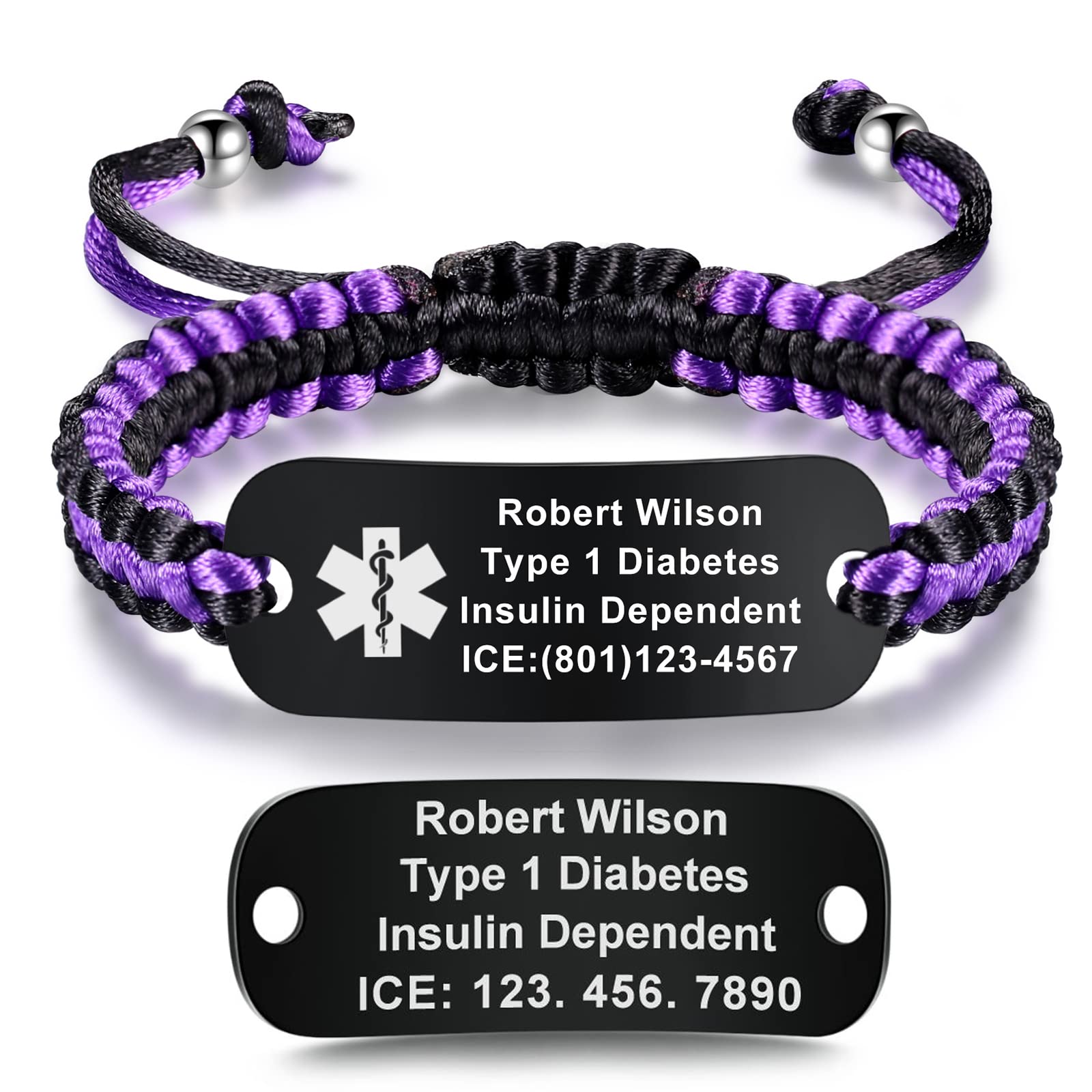 Custom Engraved Medical ID Bracelets for Women & Men - Purple Stainless Steel Braided Nylon Rope with Black Curved Card | Free Personalization | Ideal for Diabetes, Allergies & Emergency Medical Identification