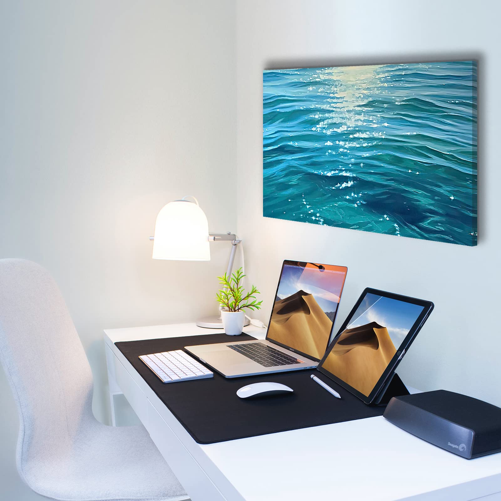 Looife Ocean Wave Canvas Wall Art - Cyan Sparkling Sunset Seascape Painting, Framed Ready-to-Hang Canvas Print (48x36 Inch) - Inspirational Beach Decor for Living Room, Office & Coastal Home Decor
