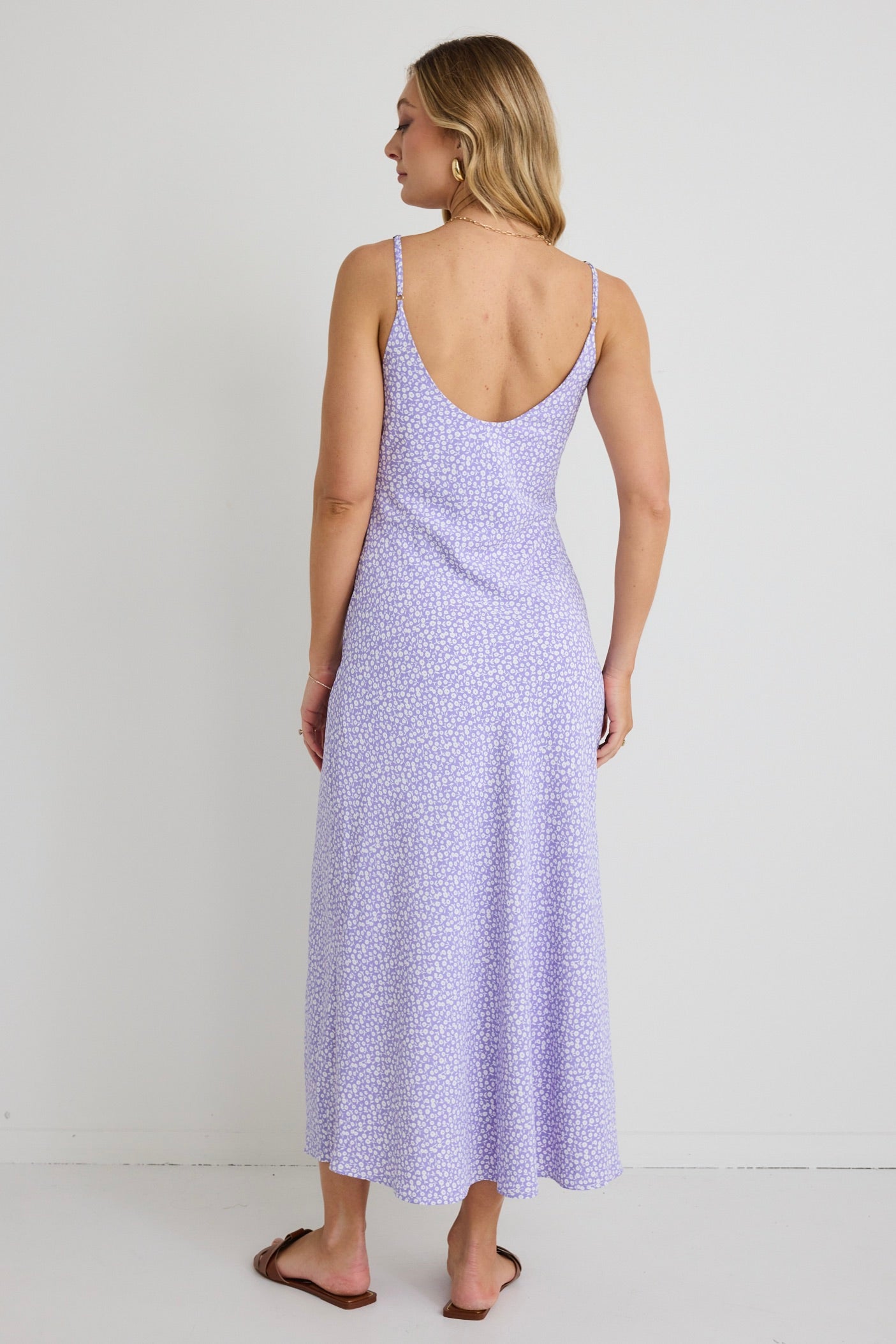 Dallas Lilac Ditsy Floral Strappy Midi Dress - Women's Summer Floral Print Dress with Adjustable Straps | Perfect for Weddings, Parties & Date Nights