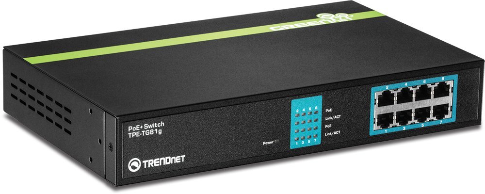 TRENDnet 8-Port Gigabit GREENnet PoE+ Switch | 8 x 10/100/1000 Mbps PoE+ Ports | 30W per Port | 110W Total Power | Rack Mountable Metal Network Switch | Ideal for Office, Home & Small Business Networks | TPE-TG81g (Renewed)