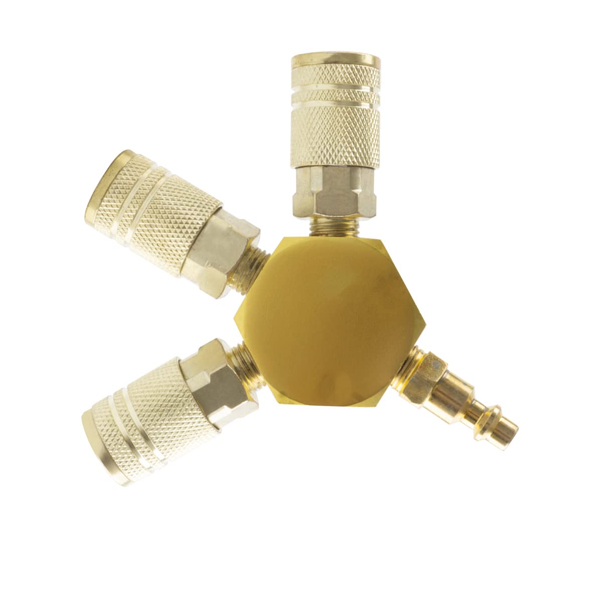 3-Way Air Splitter - 1/4 Inch NPT Hex Style Air Manifold with 3 Brass Industrial Couplers & Plugs - Air Compressor Hose Fittings - Perfect for Pneumatic Tools, Tire Inflation & Workshop Air Systems
