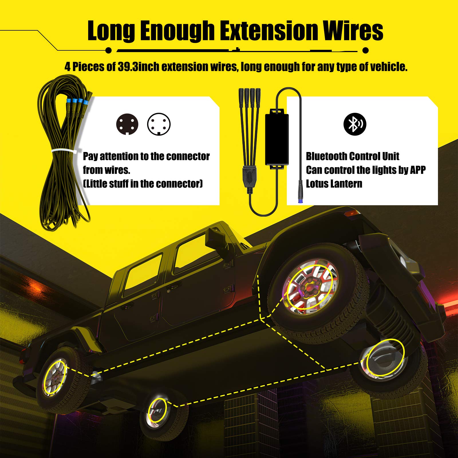 SUNPIE RGB Wheel Lights for Trucks, SUVs & Cars - Universal 19'' & 20'' Tire Rim LED Lights with Sequential Multi-Color Effects & 4PC Extension Wires - Perfect for Night Driving, Car Shows & Off-Road Adventures