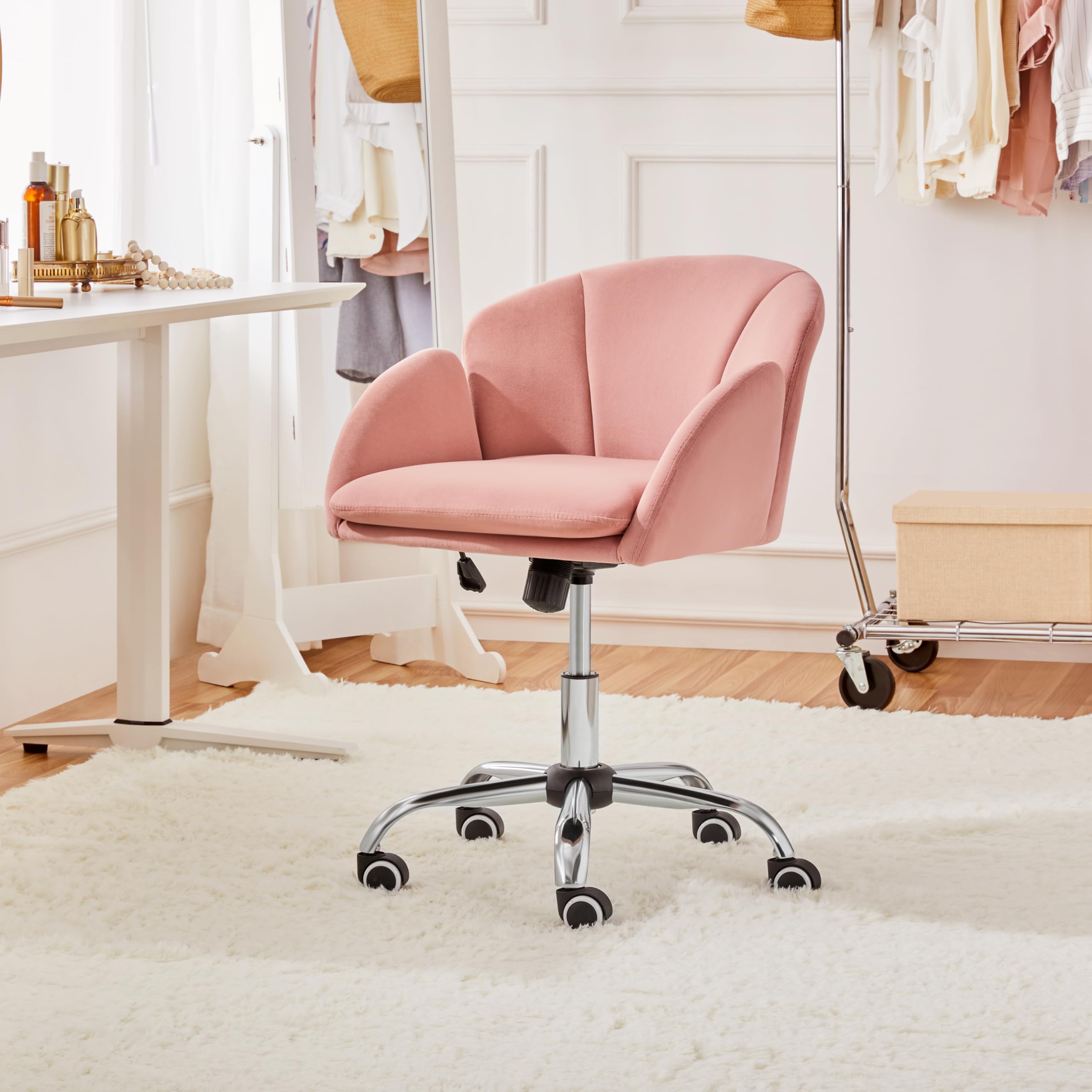 Yaheetech Pink Velvet Desk Chair - Modern Swivel Rolling Office Chair with Comfy Cushion for Home, Bedroom, Makeup Vanity | Perfect for Working, Studying, Gaming & Beauty Routine