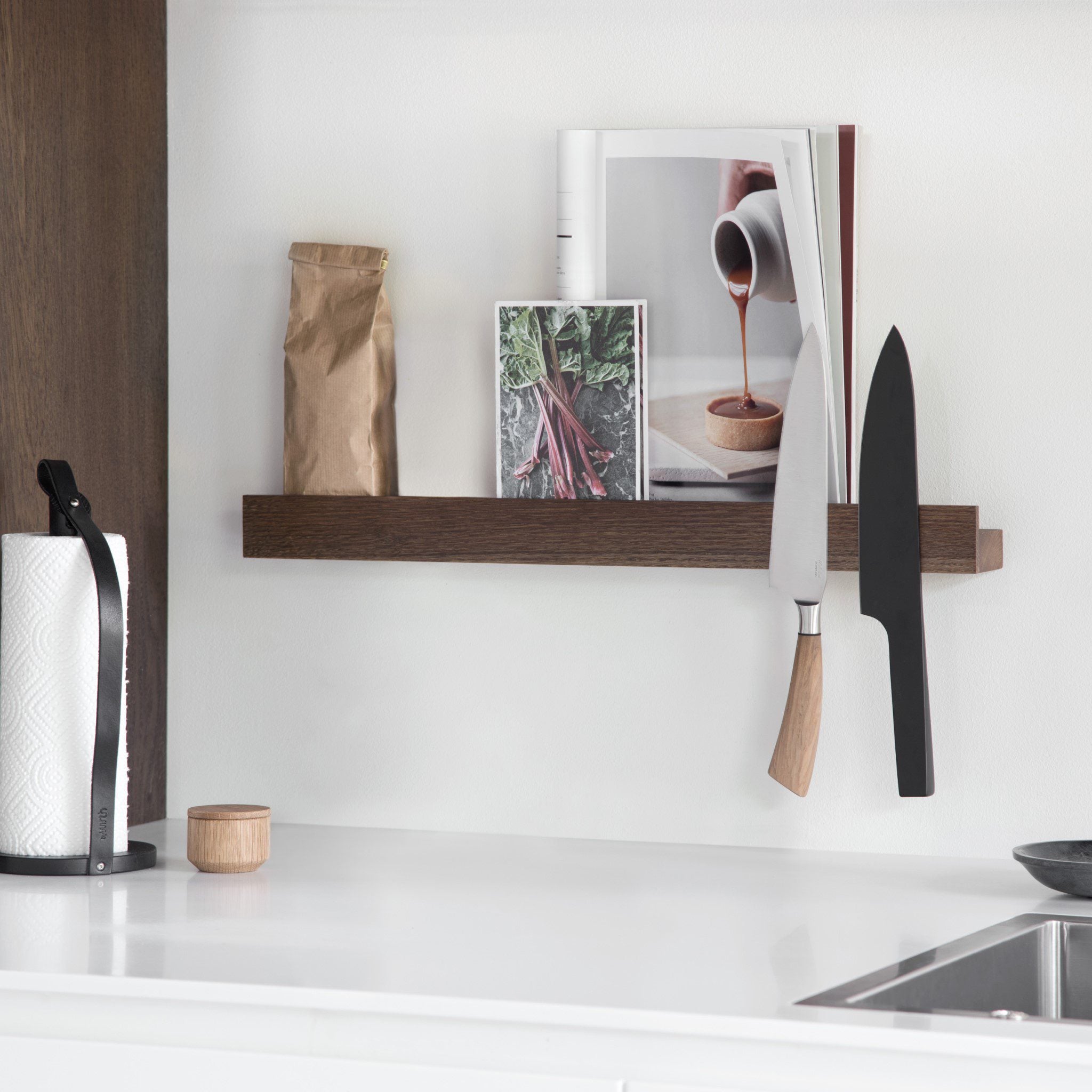EKTA LIVING Magnetic Knife Holder & Shelf - Smoked Oak Wood Wall Mount for Kitchen Storage (2 Sizes) | Space-Saving Organizer for Knives, Spices & Utensils