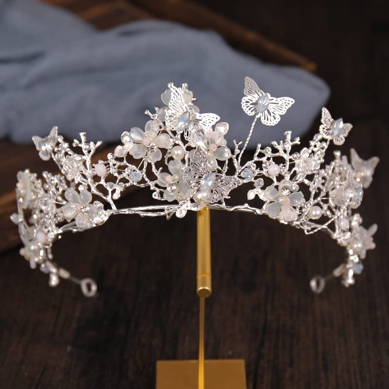 Elegant Baroque Pearl Rhinestone Crown Tiara for Women | Bridal Wedding Hair Accessories | Princess Bride Hair Jewelry with Butterfly Design (Silver) – Perfect for Weddings, Prom, Pageants & Special Occasions