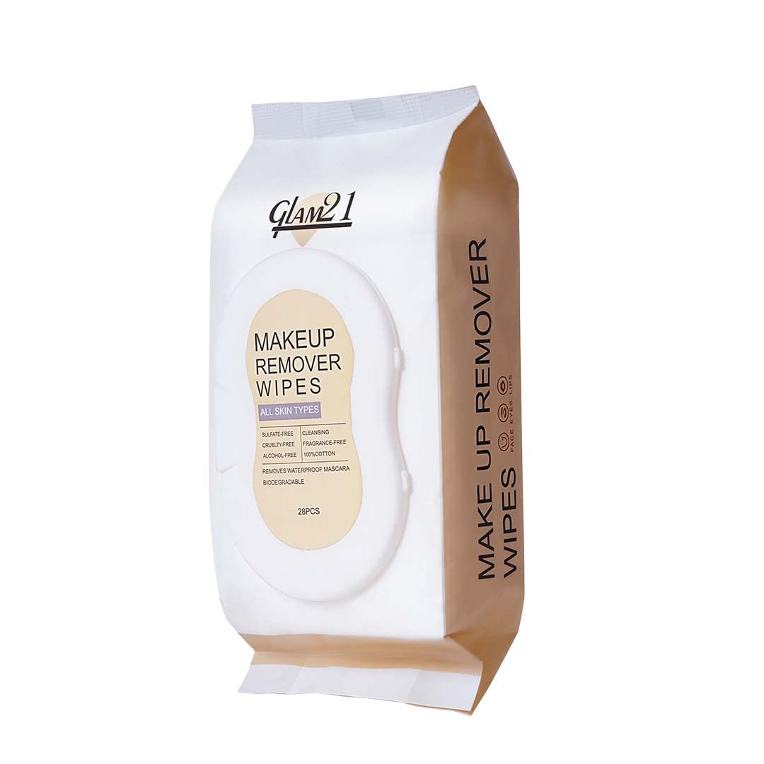 Glam21 Fragrance-Free Makeup Remover Wipes | 100% Cotton Pre-Moistened Facial Cleansing Wipes for All Skin Types | Hydrating & Refreshing | 28 Count | Perfect for Travel, Gym & Daily Skincare Routine