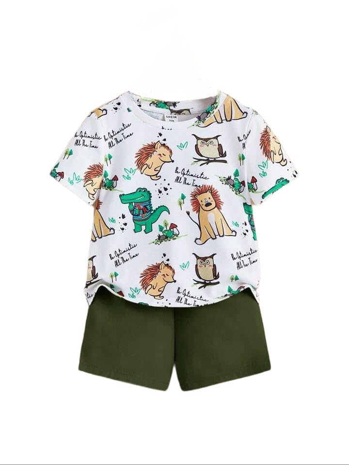 Adorable Baby Boy Cartoon Print T-Shirt & Shorts Set - Soft Cotton Casual Outfit for Summer - Perfect for Playdates, Beach Trips & Family Outings