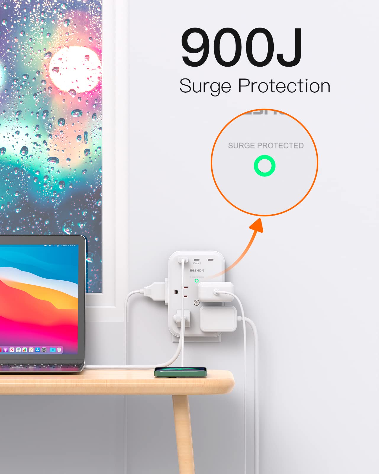 BESHON 8-Outlet Surge Protector with 3 USB Ports (2 USB-C) | 900J Power Strip | 3-Sided Wall Charger | Multi Plug Outlet Extender for Home, Office, Travel & Dorm Room | Spaced Outlets for Large Plugs