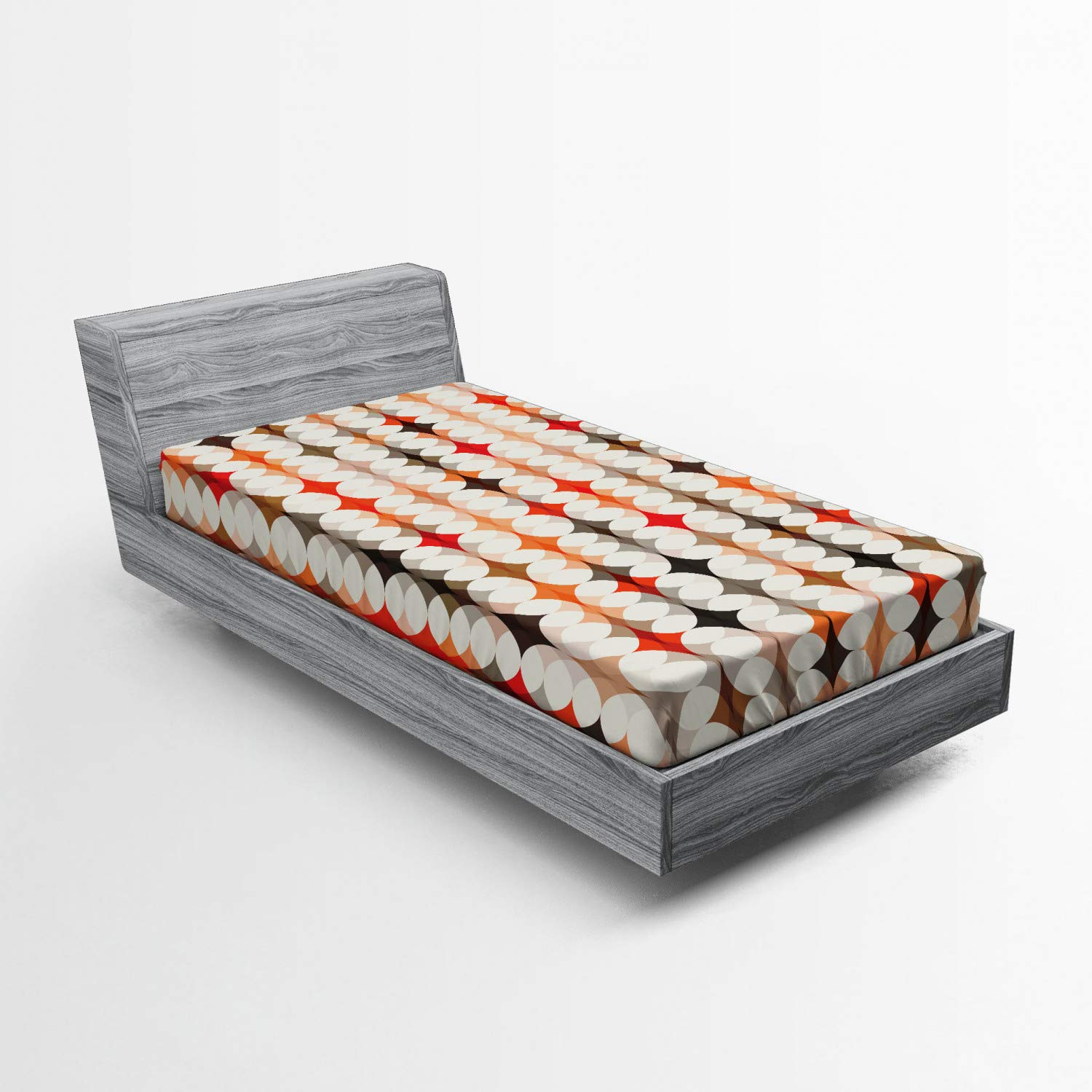 Ambesonne Geometric Fitted Sheet - Vintage Oval Pattern Mosaic Bedding with Radiant Tone Effects, Deep Pocket Elastic Twin Size Sheet in Orange Peach Red - Perfect for Guest Rooms, Dorms & Modern Bedroom Decor