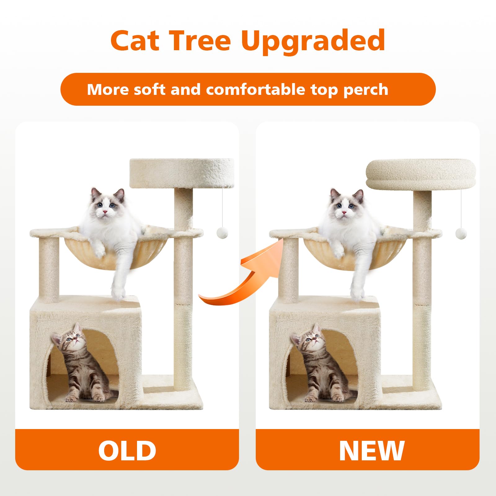 28in Small Cat Tree Tower with Multi-Level Perches, Hammock & Sisal Scratching Post - Indoor Climbing Activity Condo with Fun Toys for Kittens & Small Cats | Perfect for Apartments, Living Rooms & Pet Play Areas