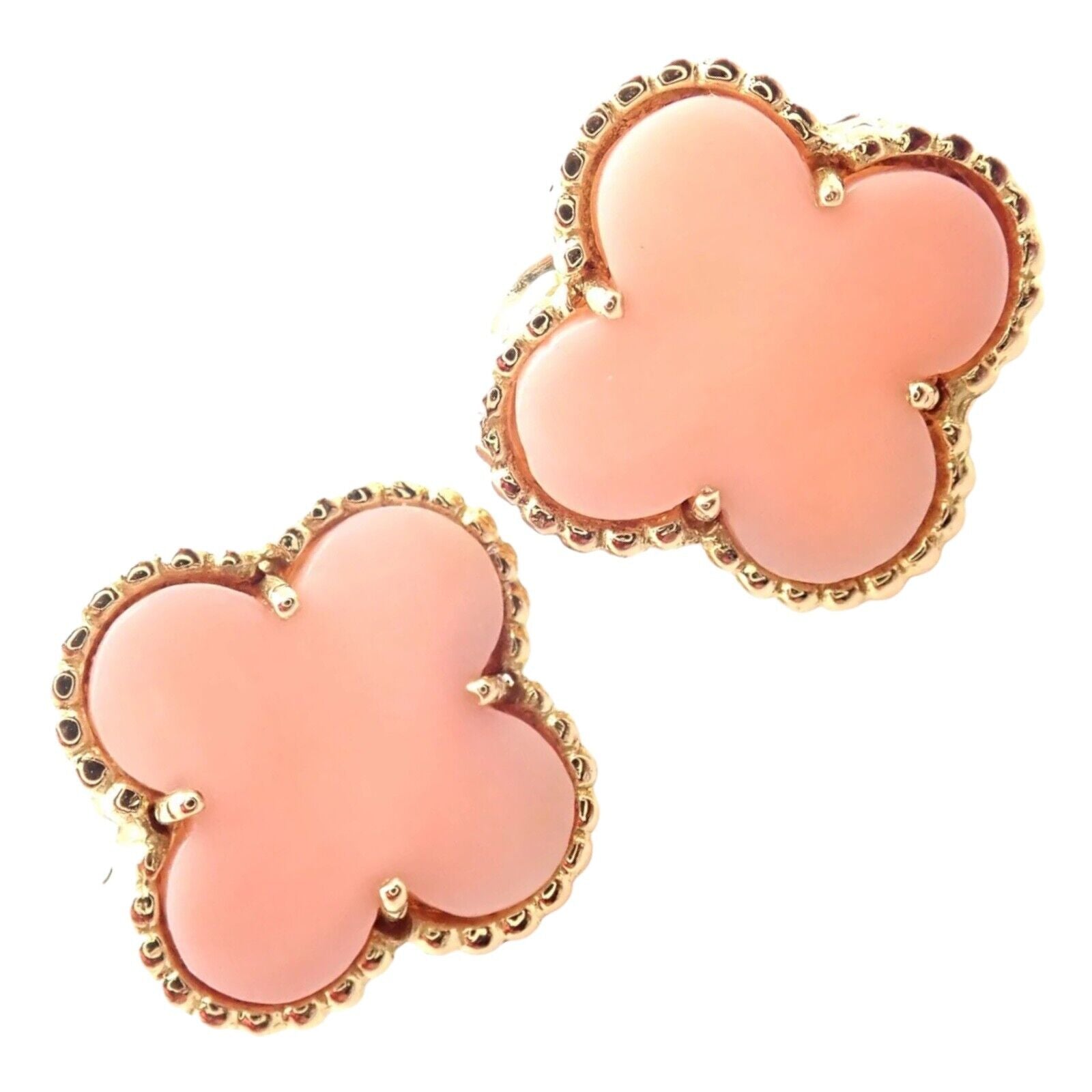 Vintage Alhambra 18k Yellow Gold Coral Earrings by Van Cleef & Arpels | Luxury Jewelry for Women | Perfect for Weddings, Parties & Special Occasions