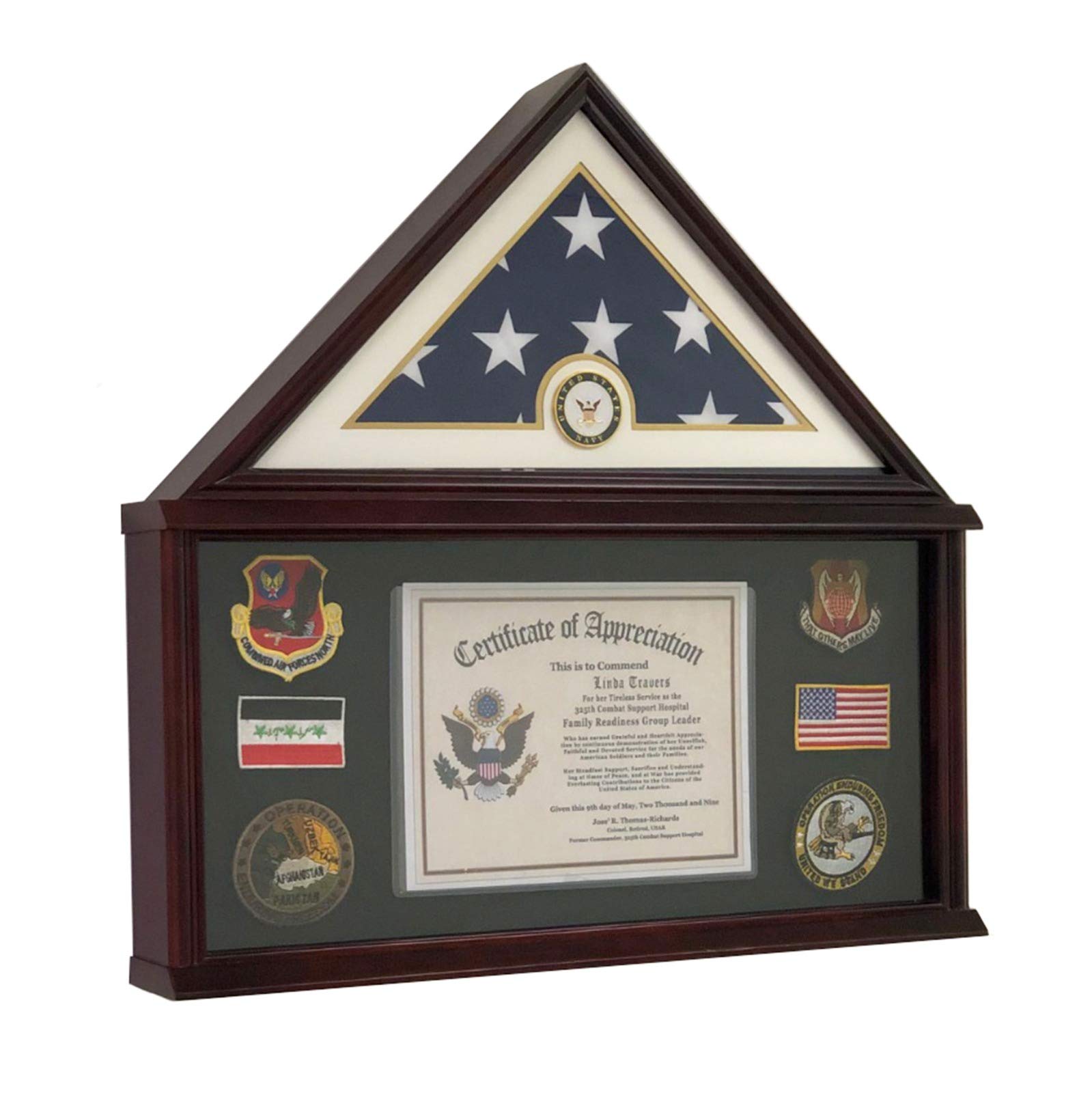 DECOMIL - Solid Mahogany Military Shadow Box Display Case for 5x9 Burial Flag | Funeral Memorial Flag Frame in Navy | Perfect for Veterans, Military Honors & Home Memorial Displays