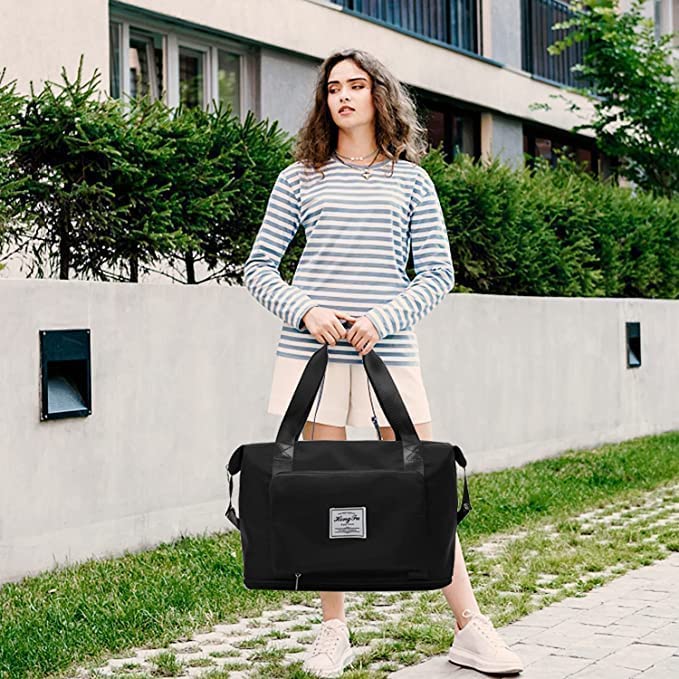 HIMART Waterproof Folding Travel Duffel Bag - Lightweight Carry-On Luggage for Gym, Sports & Vacation - Compact Foldable Duffle with Pouch (Black) - Perfect for Workouts, Weekend Getaways & Business Trips