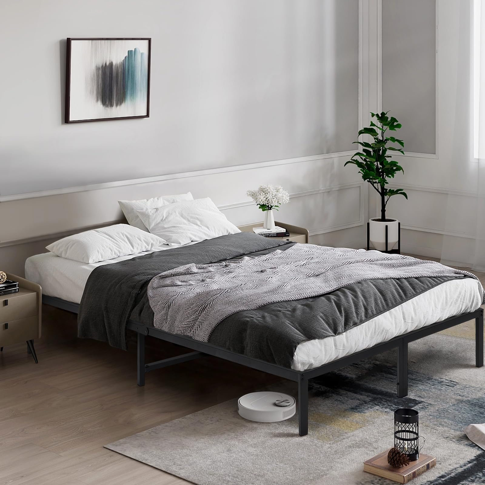14 Inch Full Size Bed Frame with Storage - Heavy Duty Metal Platform Bed Frame, No Box Spring Needed, Anti-Slip Steel Slat Support, Easy Quick Lock Assembly (Black) - Perfect for Small Bedrooms, Guest Rooms & Dormitories