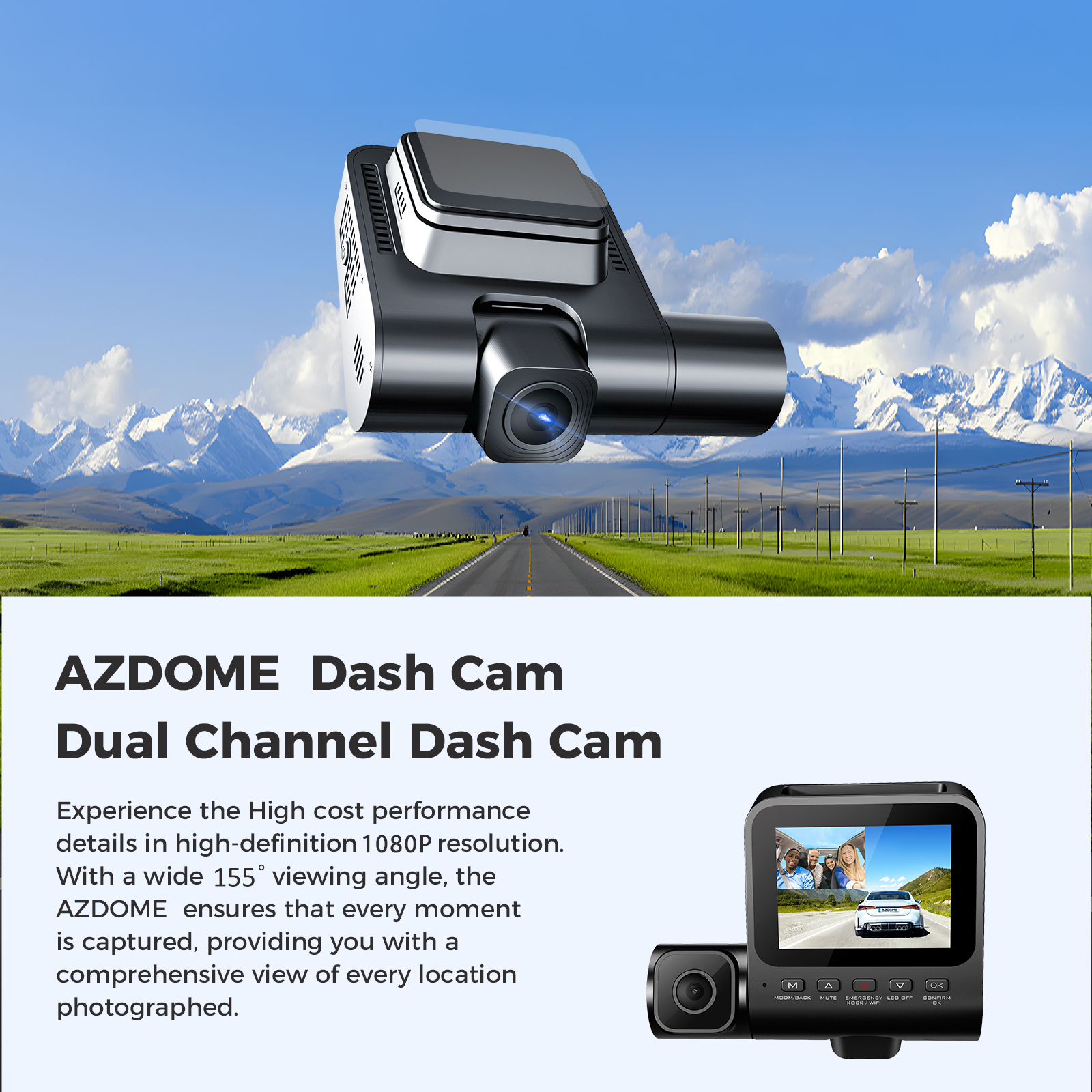 AZDOME V600 Dual Dash Cam Front and Rear - 1080P FHD Dashboard Camera with 2.4