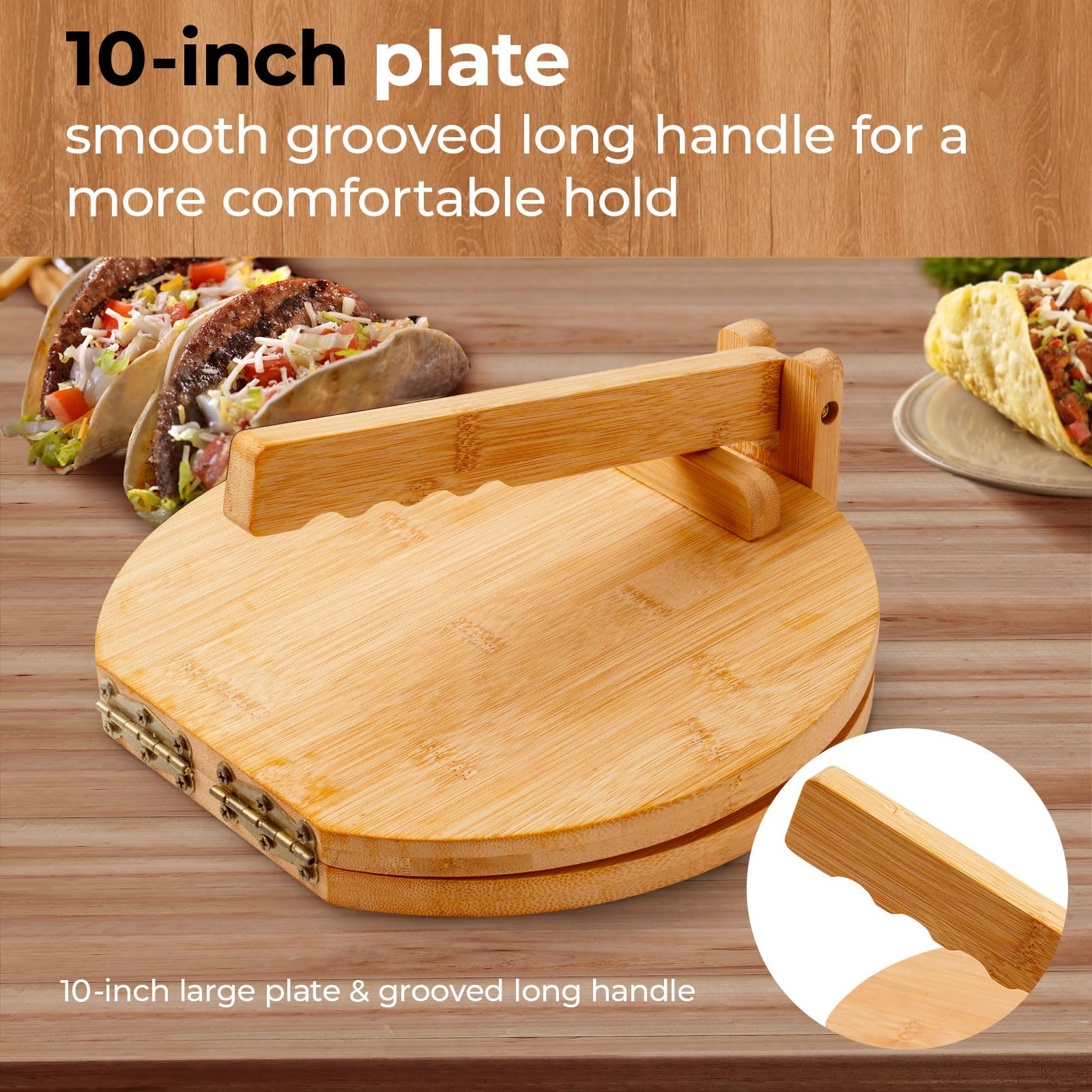 10 Inch Wooden Tortilla Press Maker with Rolling Pin & 50 Pcs Parchment Paper - Handmade Mexican Tortillas, Roti, Chapati, Tacos, Burritos - Perfect for Home Cooking & Authentic Mexican Cuisine