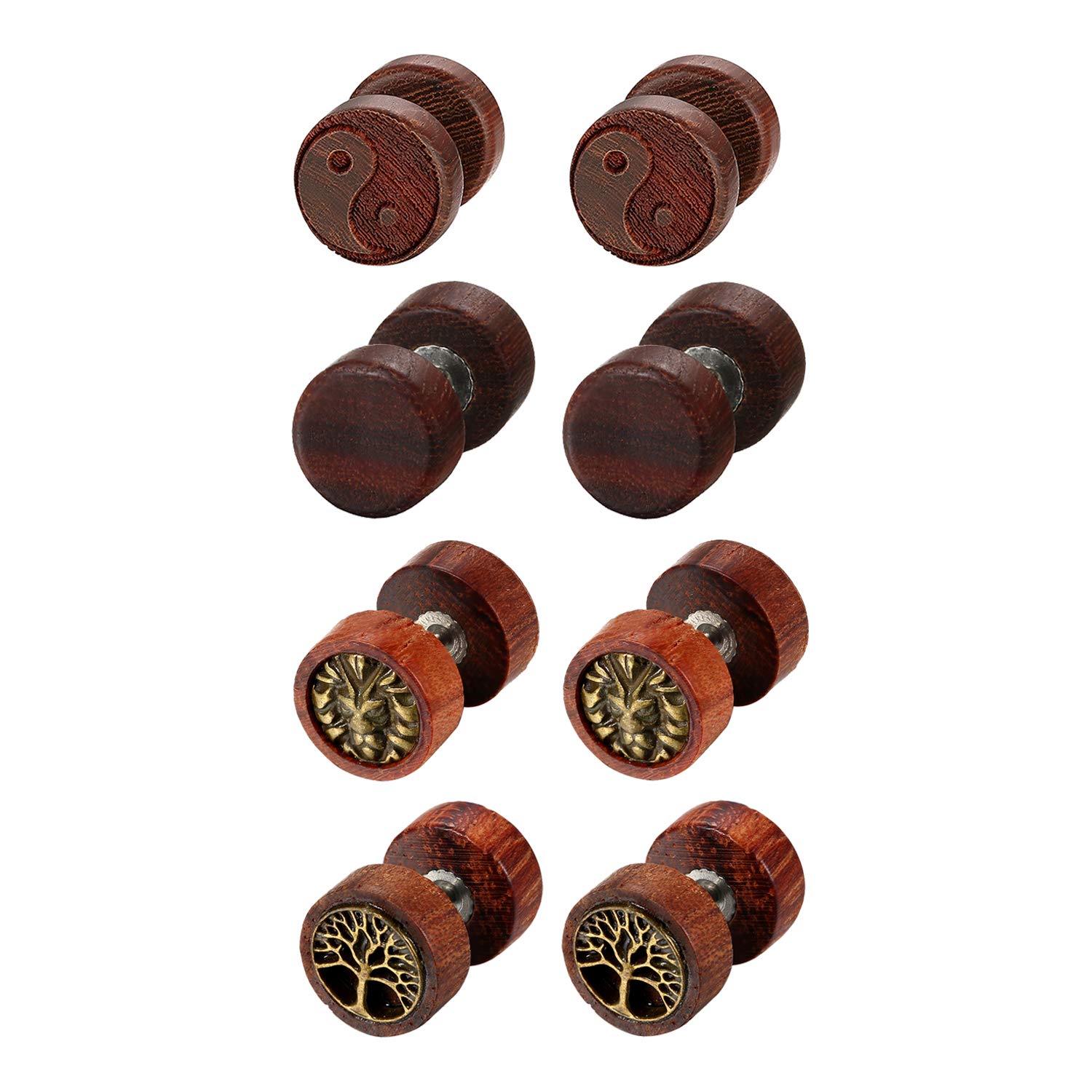Aroncent Wooden Fake Gauges Earrings - Tree of Life Design Fake Plug Screw Stud Earrings for Men & Women | Boho Style Wood Ear Jewelry for Parties, Festivals & Daily Wear