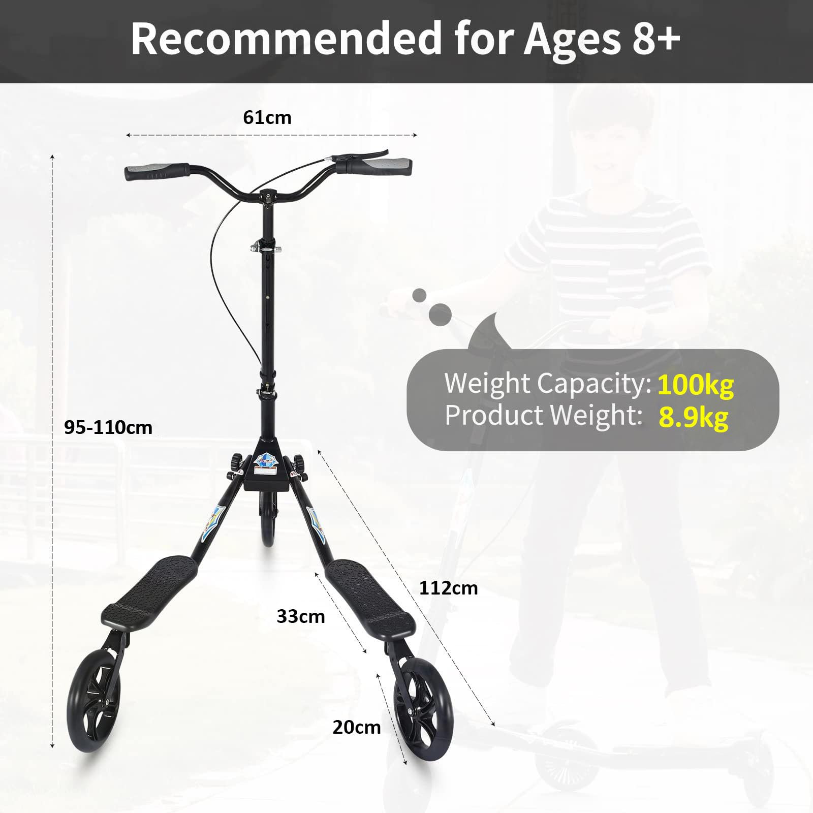 3-Wheel Foldable Swing Scooter Tri Slider Kick Wiggle Scooter with Adjustable Handle - Drifting Push Scooter for Kids, Girls, Boys & Adults Ages 8+ - Perfect for Outdoor Fun, Commuting & Playground Adventures