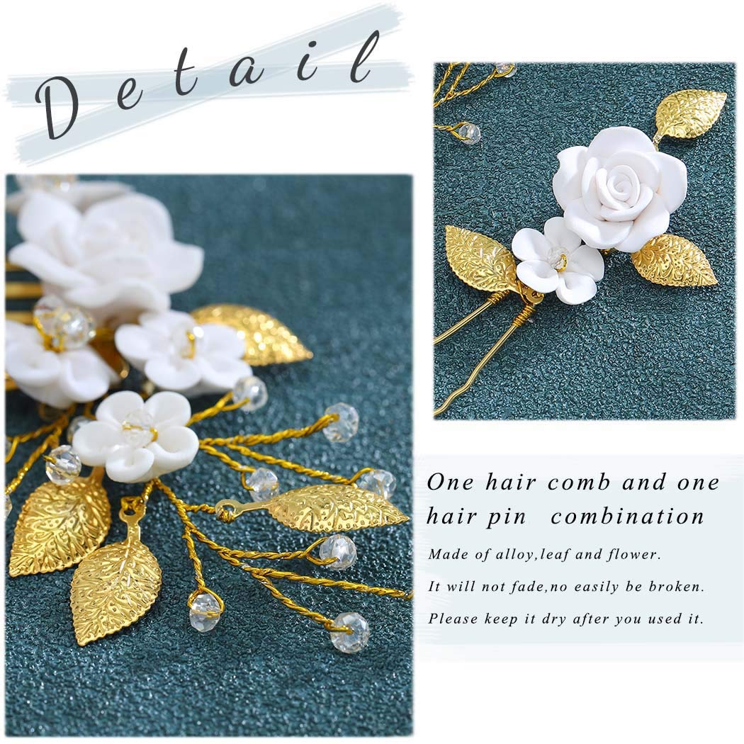 AUkmla Gold Pearl Flower Hair Comb - Elegant Bridal Wedding Hair Accessories for Women, Leaf Design Hair Pins (HC-24) | Perfect for Bridal Showers, Weddings & Special Occasions