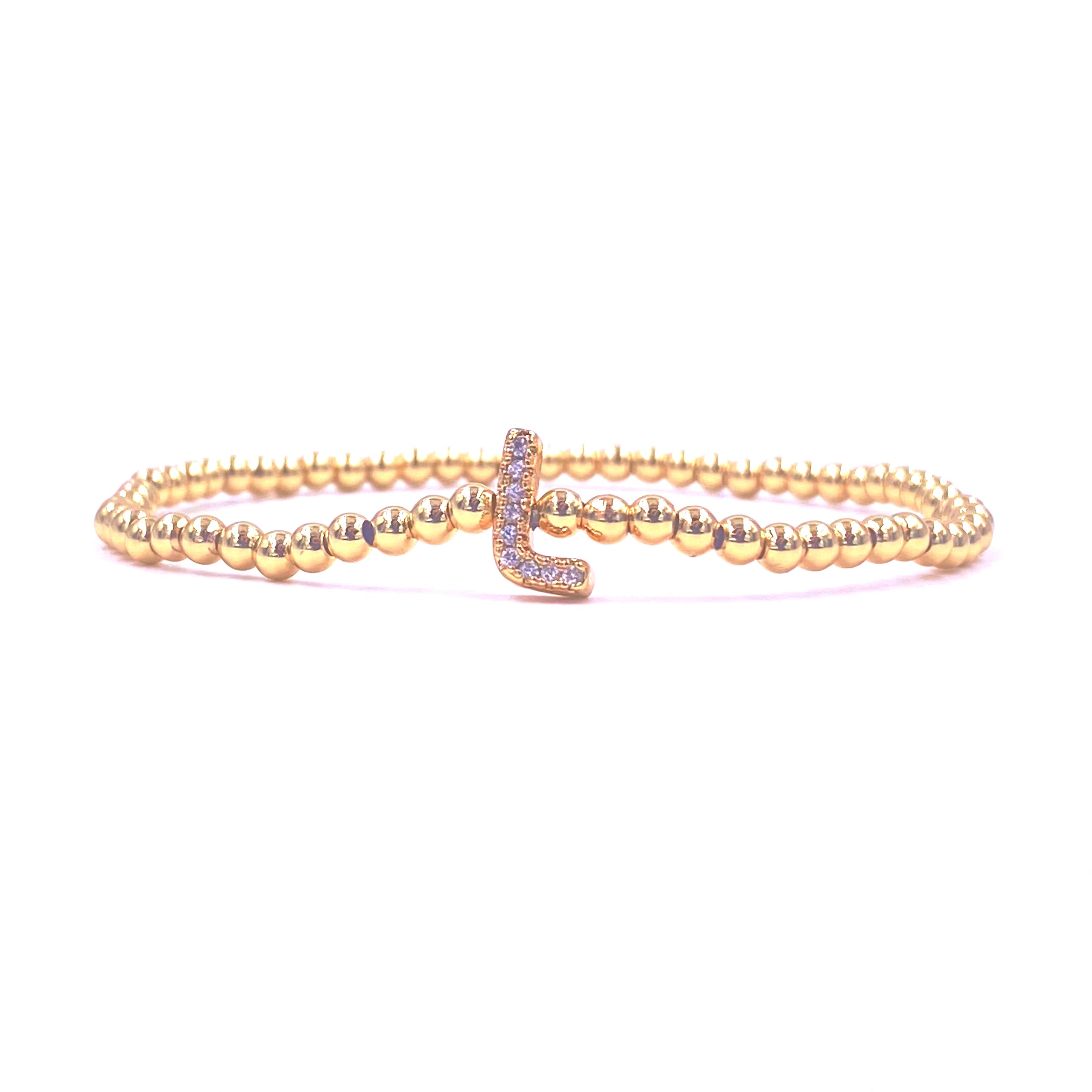Ashley Gold Stainless Steel Gold Plated CZ Initial Bead Stretch Bracelet for Women - Elegant Beaded Jewelry for Parties, Weddings & Everyday Wear