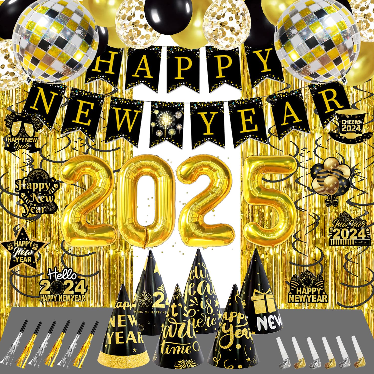 2025 Black & Gold New Year Party Decorations Set - Balloons, Banner, Hanging Swirls & Curtains for New Year's Eve Celebrations | Elegant Holiday Home & Office Decor