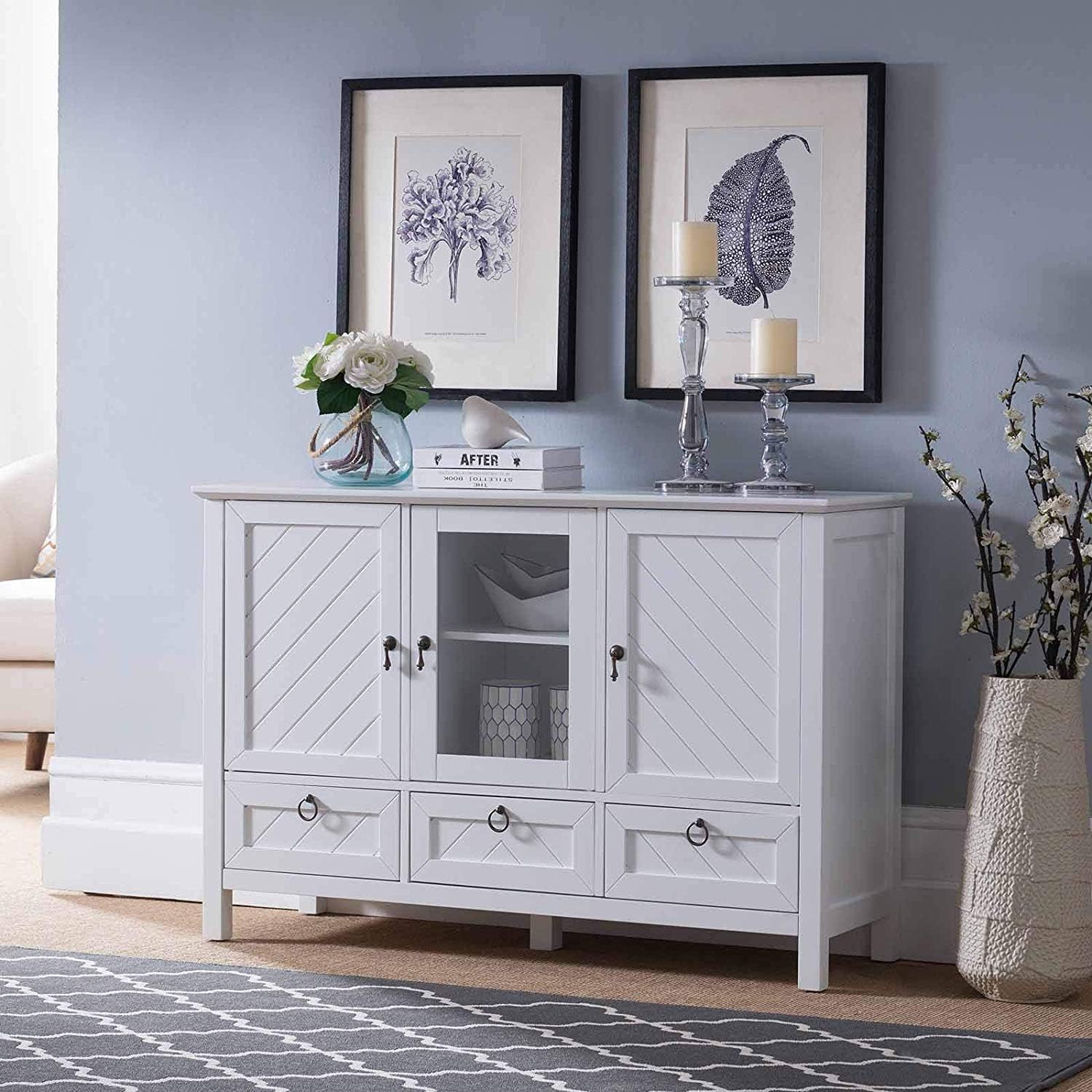 KB Designs - 3-Drawer White Wood Buffet Accent Cabinet Console Table for Dining Room, Entryway & Living Room Decor