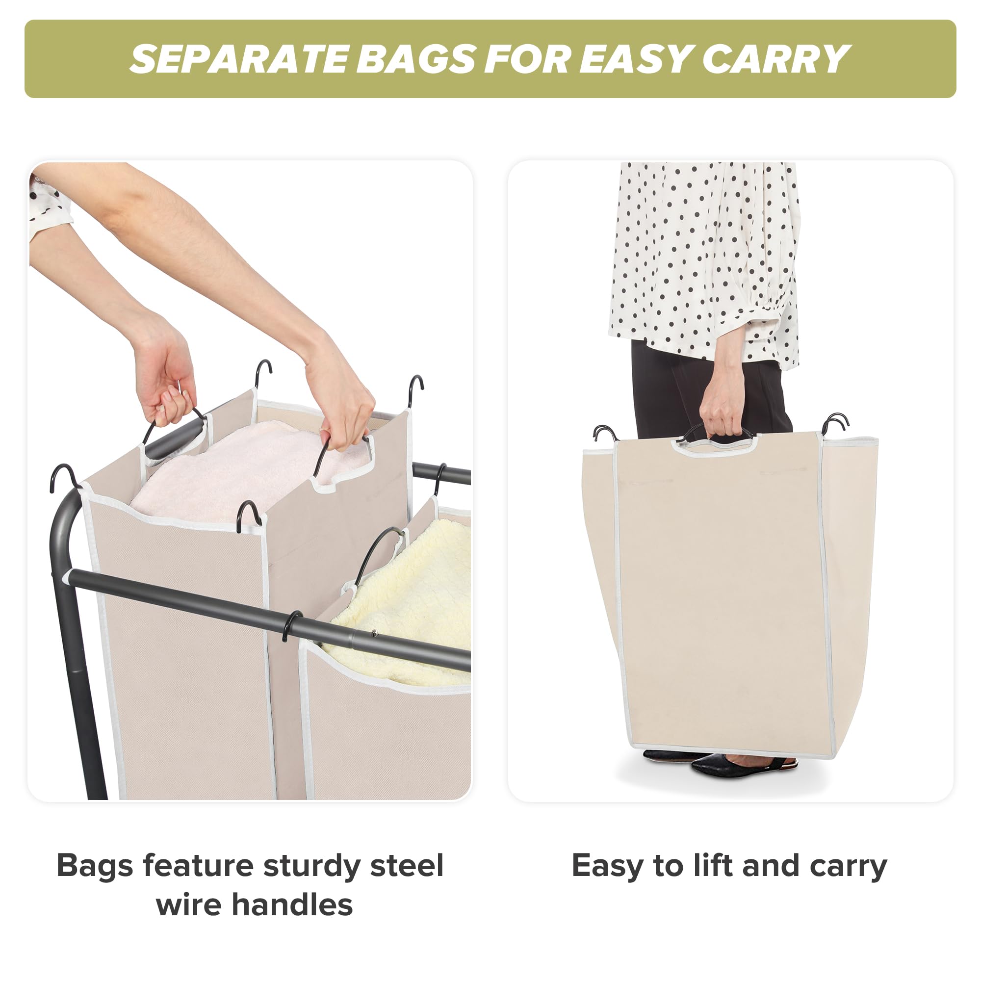 Heavy-Duty Rolling Laundry Hamper with 4 Removable Bags & Lockable Wheels - Beige Laundry Sorter Cart for Bedroom, Closet, or Laundry Room Organization