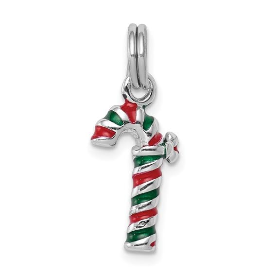 Sterling Silver Rhodium-Plated Enamel Candy Cane Charm Pendant - Christmas Holiday Jewelry Gift for Women - Perfect for Tree Decorations, Stocking Stuffers & Festive Outfits