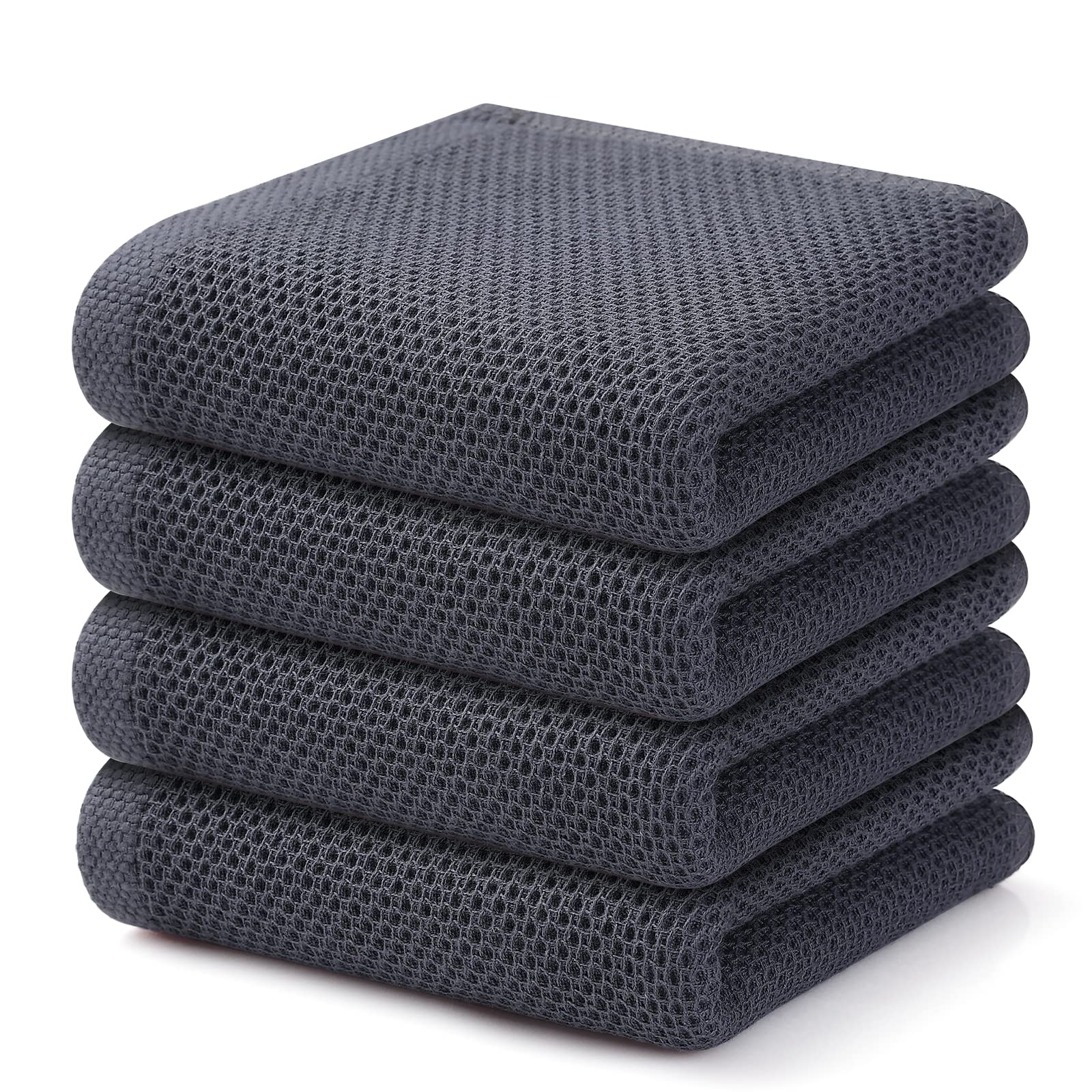 Kitinjoy 4-Pack Cotton Waffle Kitchen Towels - Super Absorbent for Dishes & Hands | Dark Grey