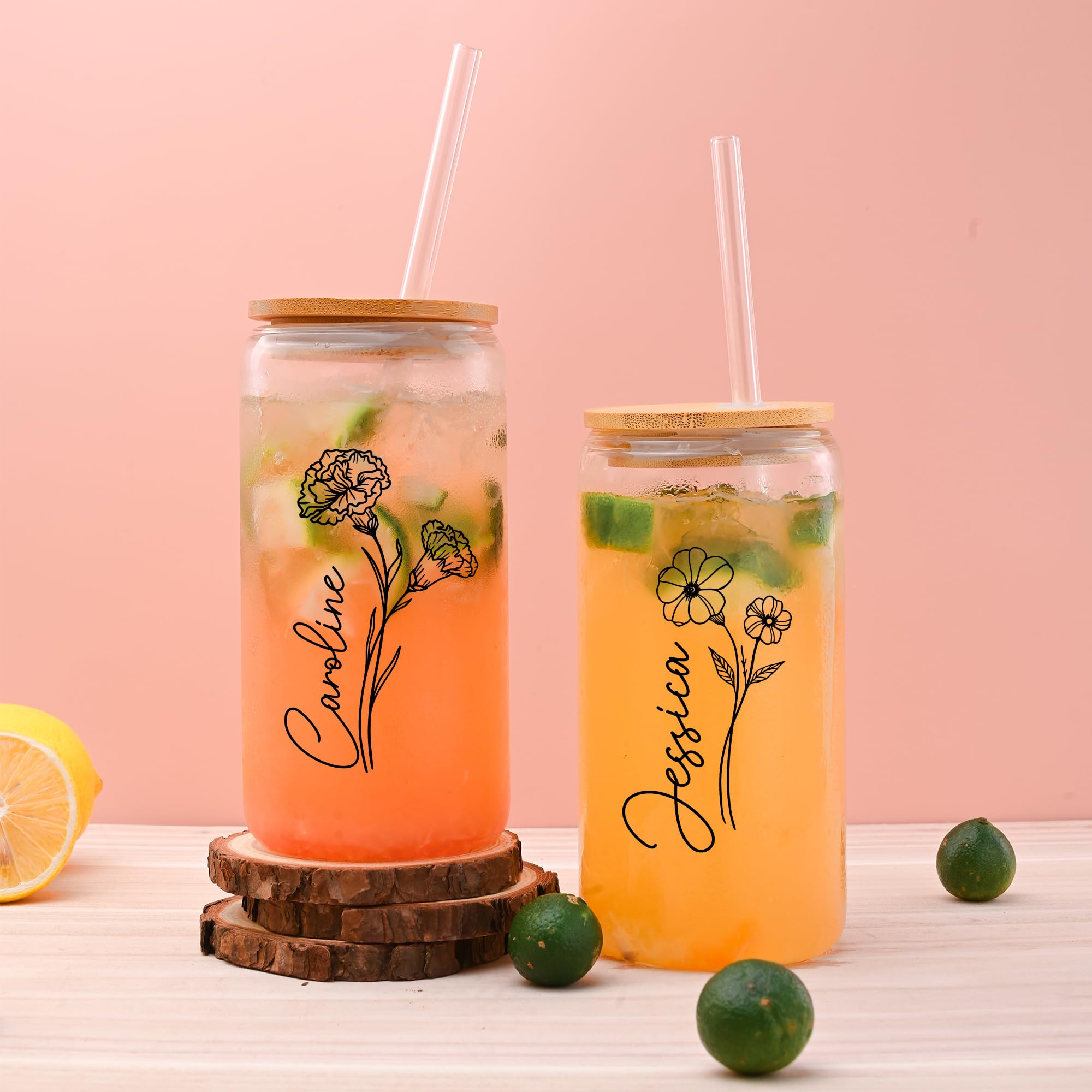 Personalized 20oz Glass Tumbler with Straw & Lid - Custom Name Engraved, Birth Month Flower Design - Perfect for Iced Coffee, Water & Tea - Great Gift for Women, Mom, Teachers (Birthday, Mother's Day, Anniversary) - Ideal for Office, Home, Gym & Travel Use