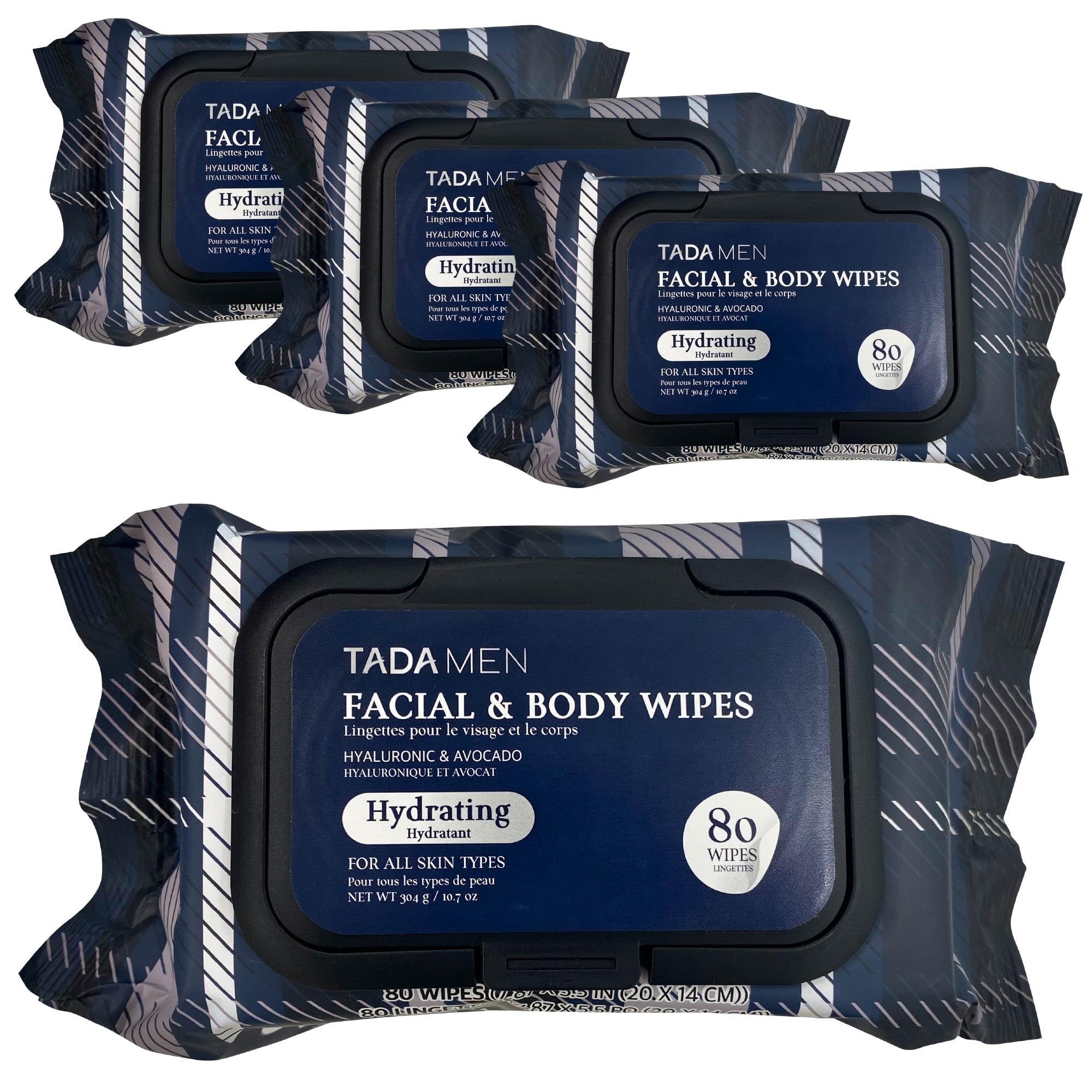 TADA Men's No-Rinse Face & Body Cleansing Wipes - Green Tea & Hyaluronic Acid for Gym, Running, Outdoor Activities - Bulk 4-Pack Avocado Scent | Perfect for Travel, Camping & Post-Workout Refresh