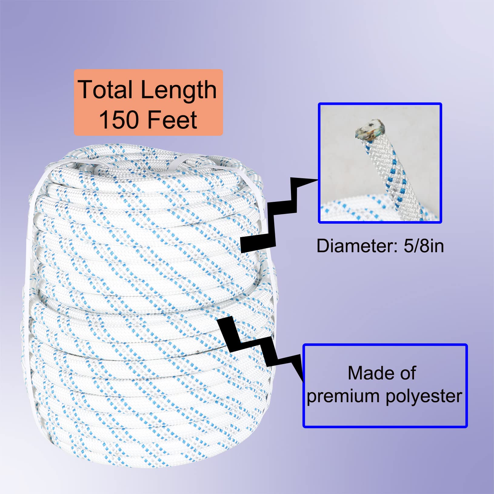 LABLT 5/8 Inch Double Braided Polyester Rope - 150ft Heavy Duty Arborist Bull Rope for Tree Climbing & Rigging | High Strength Lightweight Rope for Camping, Swings, Towing & Outdoor Activities (White, Gray, Blue)