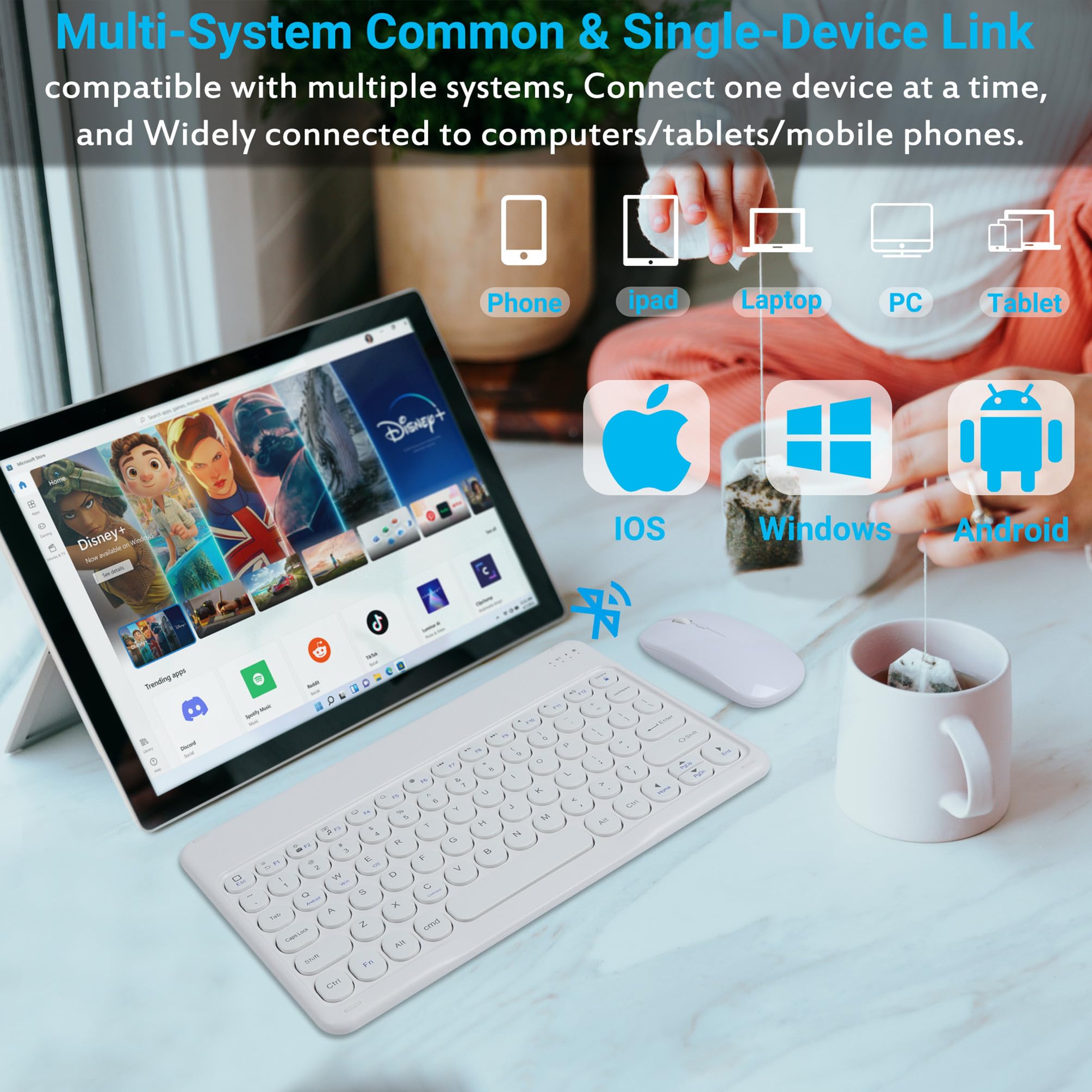 Ultra-Slim Wireless Bluetooth Keyboard and Mouse Combo - Portable Cordless Keyboard for Android, iPhone, iPad, Windows, Surface - Perfect for Office, Home, Travel & Mobile Work (White)