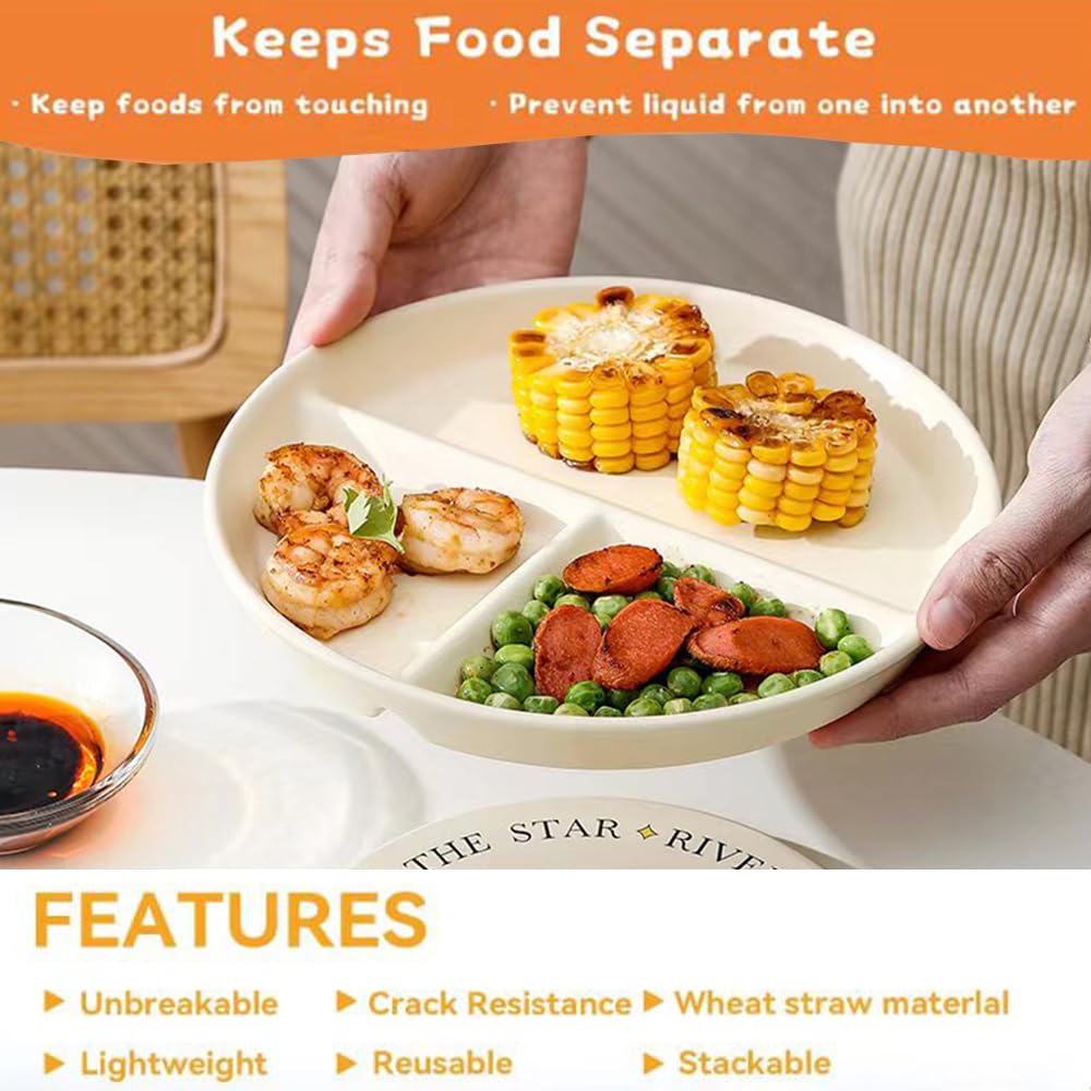 RUIBOLU 5-Pack Unbreakable Divided Plates for Kids & Adults - 9 Inch Reusable Plastic Dinnerware with Portion Control Compartments | Perfect for School Lunches, Picnics, and Portion Control Meals