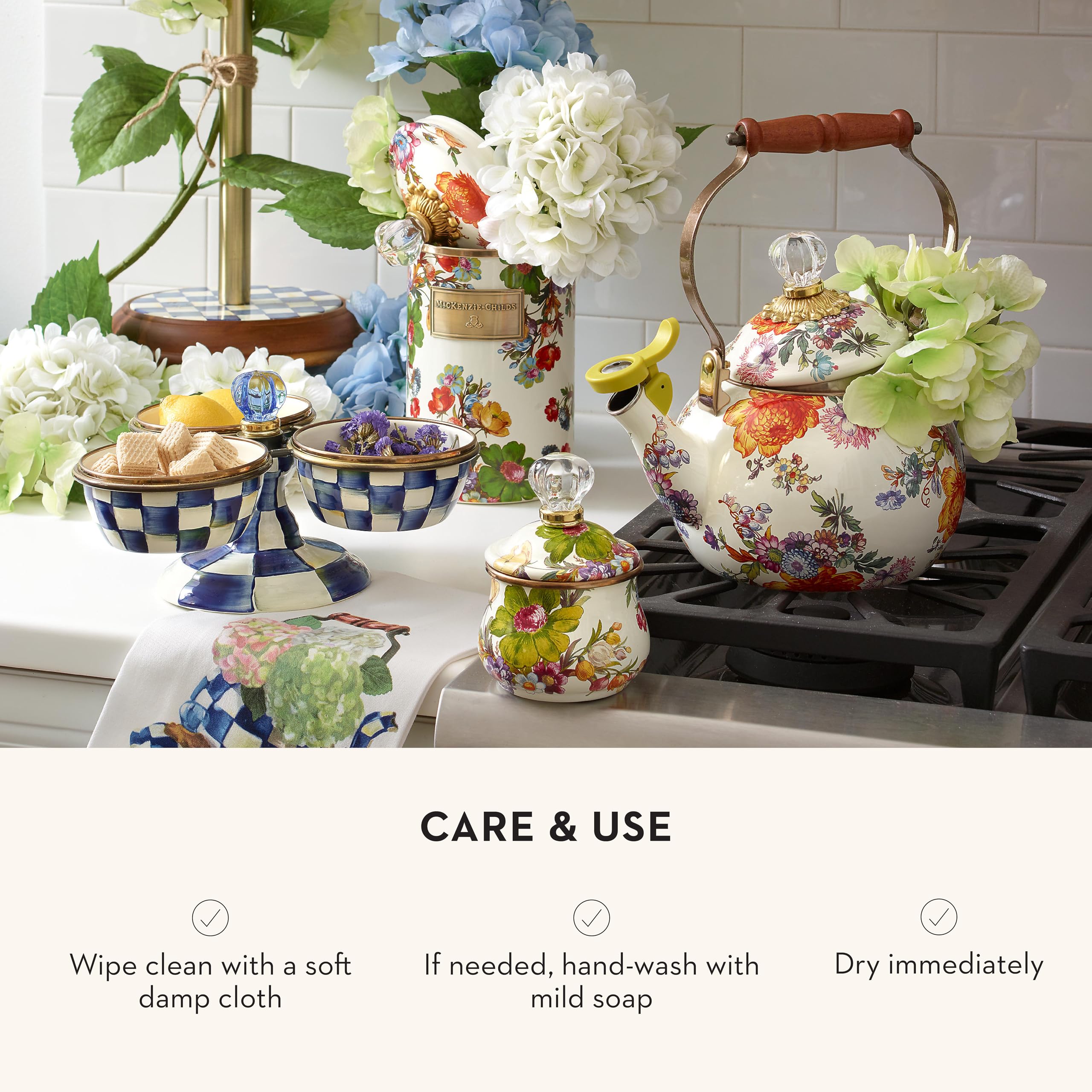 MACKENZIE-CHILDS Large Enamel Canister - 1.89L Kitchen Storage Container for Flour, Sugar & Dry Goods | Airtight White Flower Market Design | Perfect for Pantry Organization & Farmhouse Style Kitchens