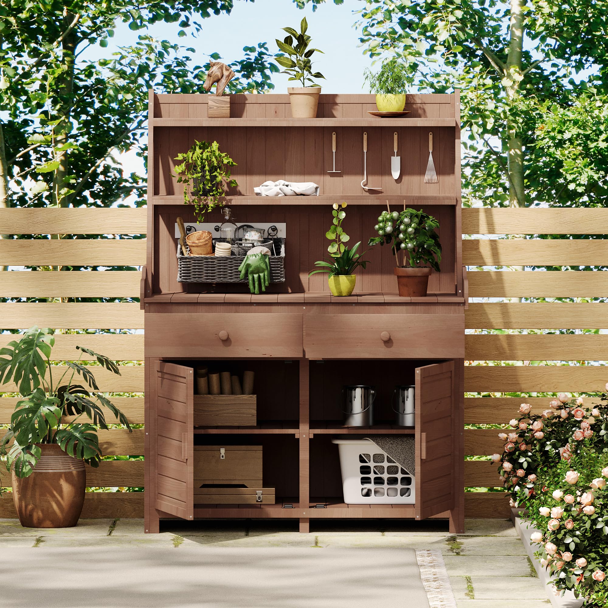 65 Inch Fir Wood Garden Potting Bench with Storage Shelf, Drawer & Cabinet - Heavy Duty Outdoor Workstation for Planting, Gardening & DIY Projects - Perfect for Backyard, Greenhouse & Patio Use