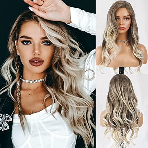 Curly Blonde Brown Reverse Ombre Wig - Long Synthetic Hairpiece for Cosplay, Halloween & Daily Fashion