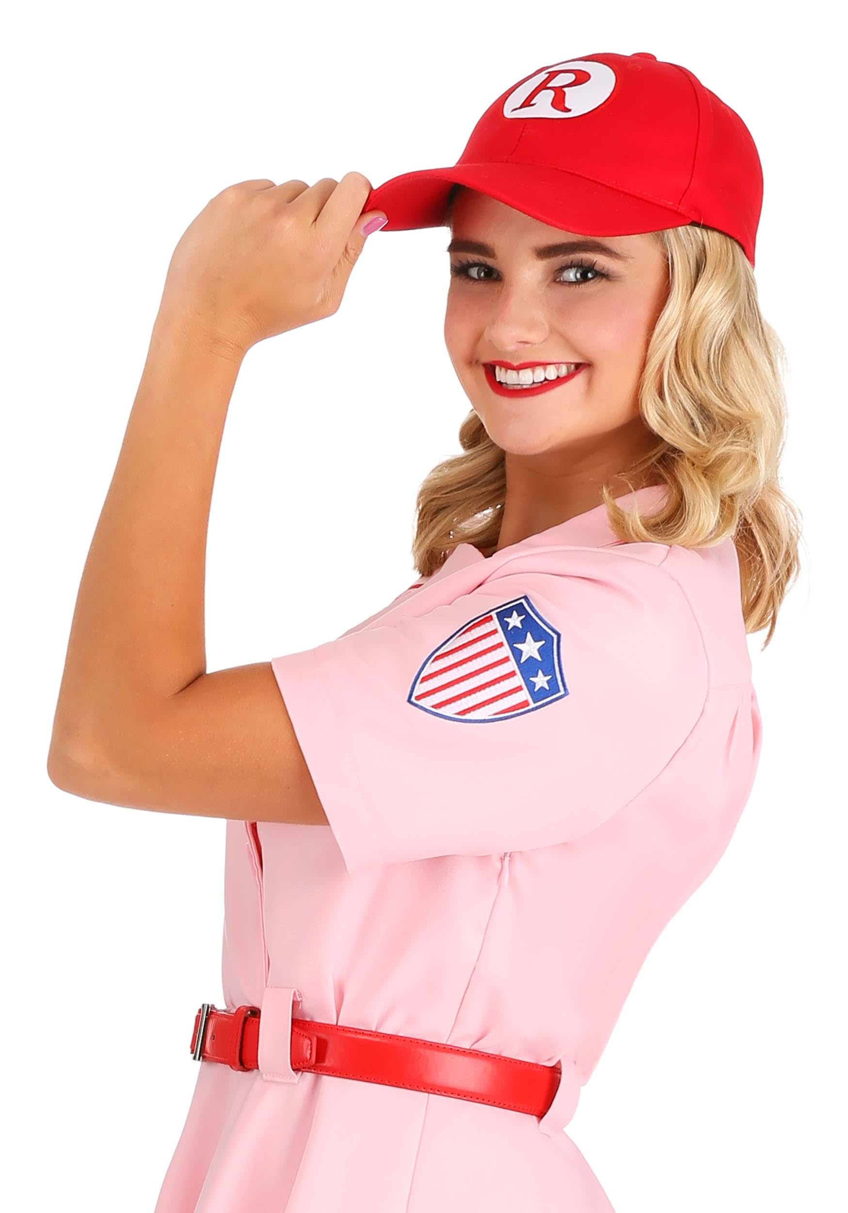 Vintage Dottie Baseball Costume for Women - Pink Retro Baseball Dress with Hat, Belt, Numbers & Socks | 1940s A League of Their Own Halloween Cosplay, Themed Parties & Costume Events