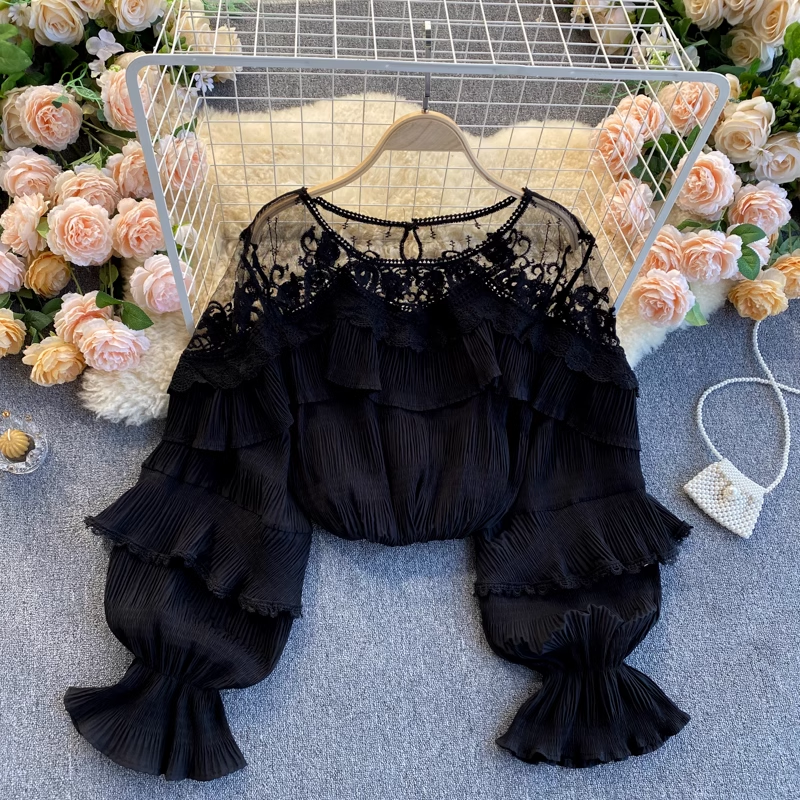Sheer French Lace Mesh Blouse with Ruffled Puff Sleeves - Elegant Chiffon Top for Women | Perfect for Date Night, Office Wear & Special Occasions