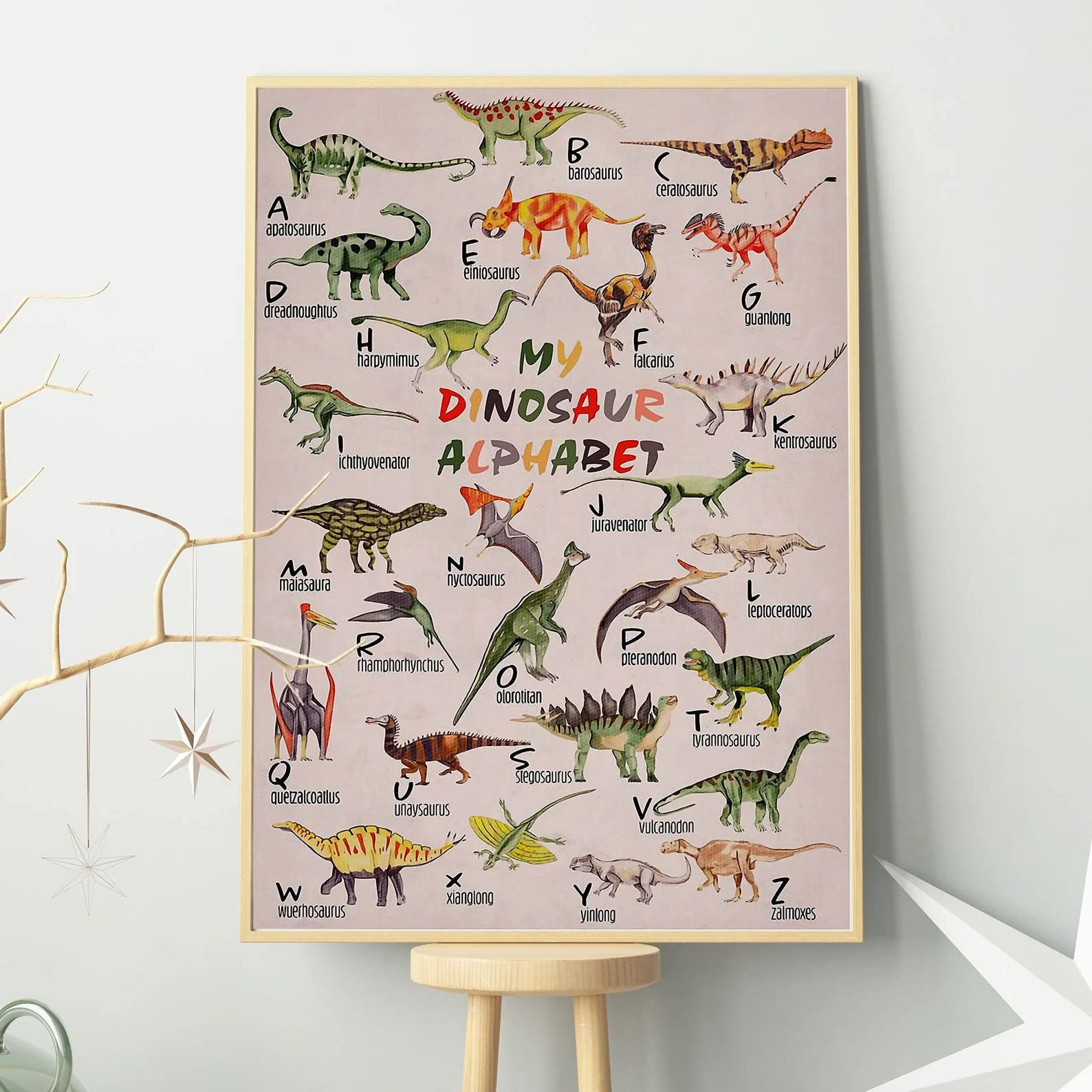 Dinosaur Alphabet Poster - Educational Dinosaur Wall Art for Kids - 24x36 Canvas Frame - Perfect for Nursery, Classroom & Playroom Decor